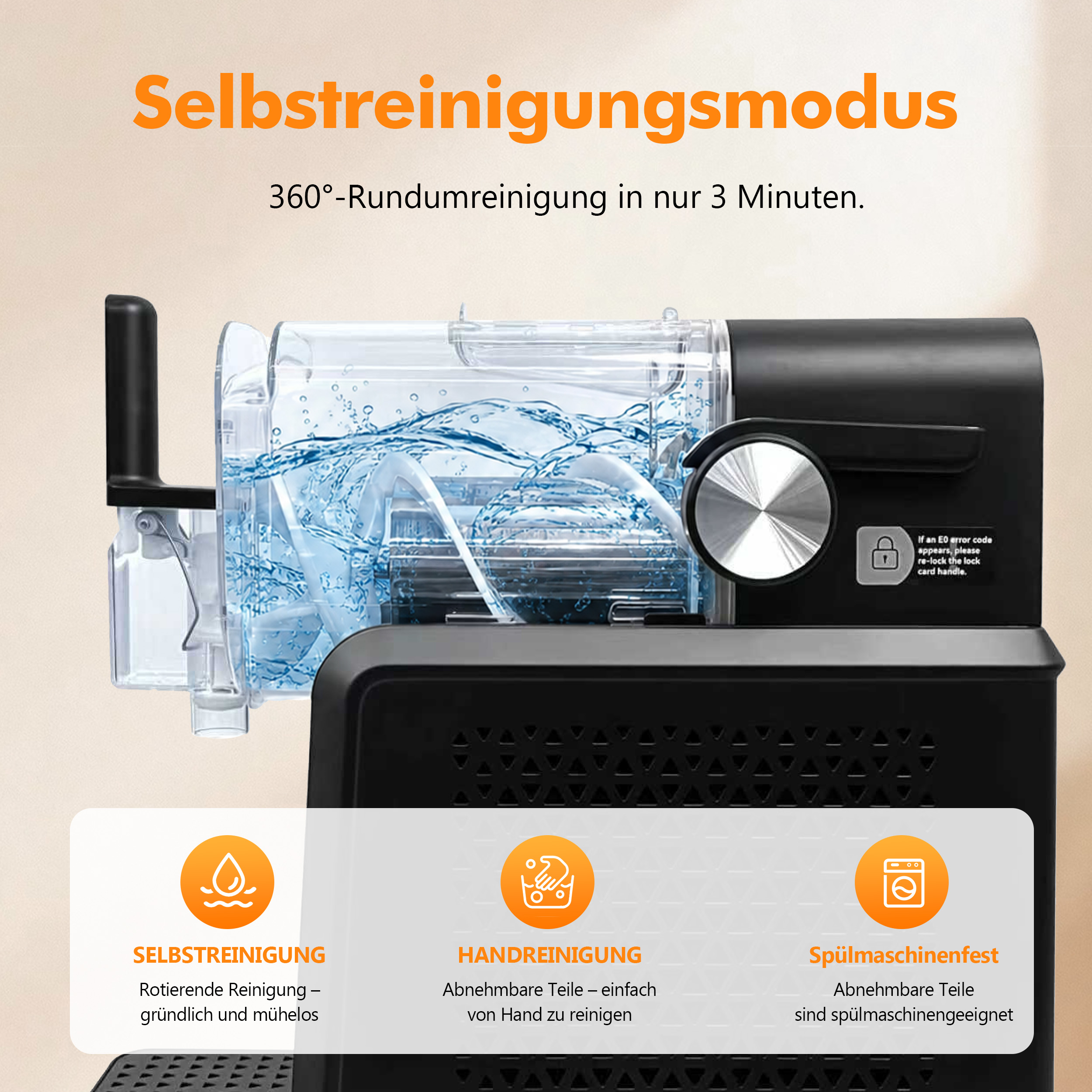 Selbstreinigungsmodus einer schwarzen Nudelmaschine mit wirbelndem Wasser im durchsichtigen Behälter.