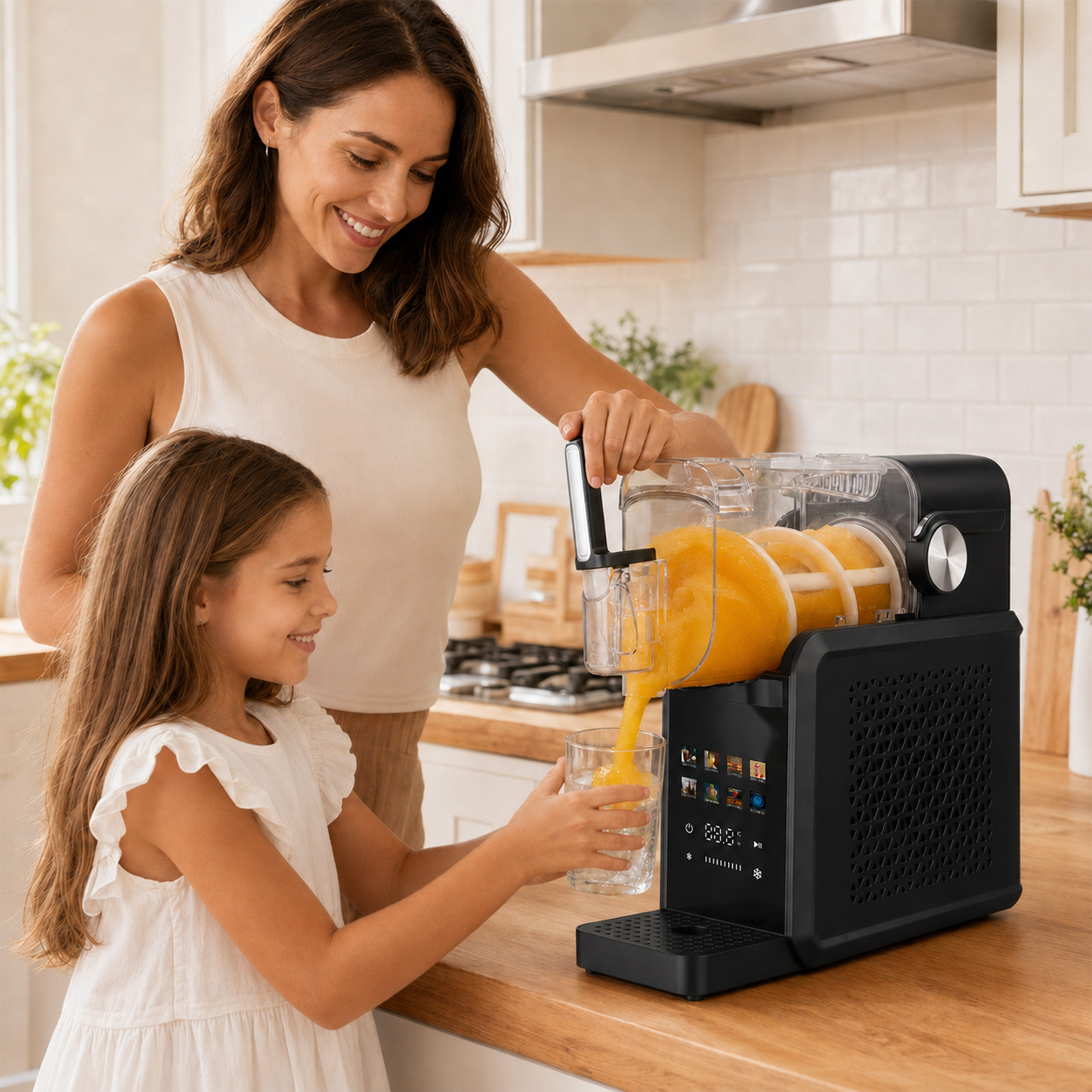 Eine Mutter und Tochter füllen Orangensaft aus einer modernen Maschine in ein Glas.