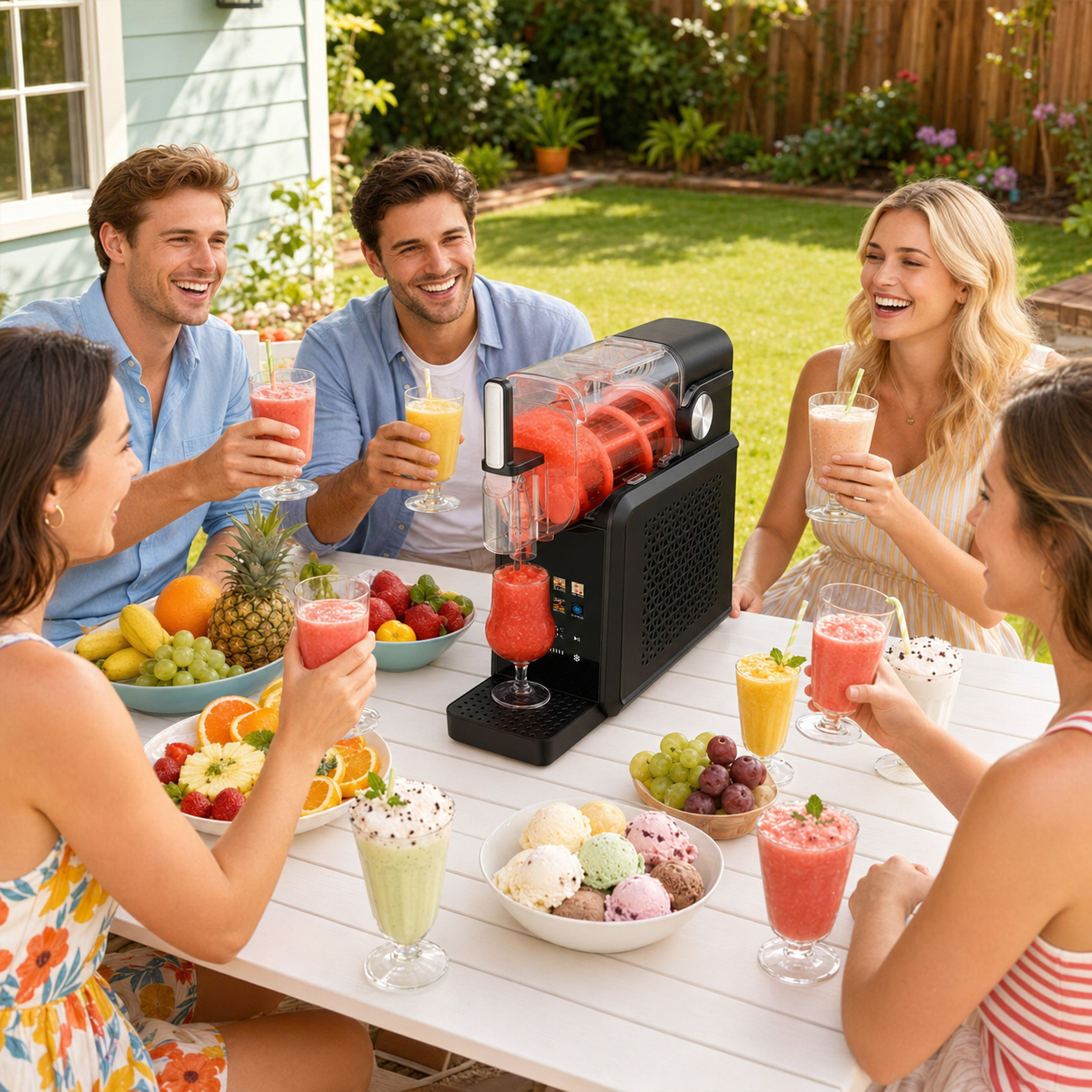 Fünf Freunde lächeln an einem sonnigen Gartentisch mit Slush-Eis-Maschine, Obst und Getränken.