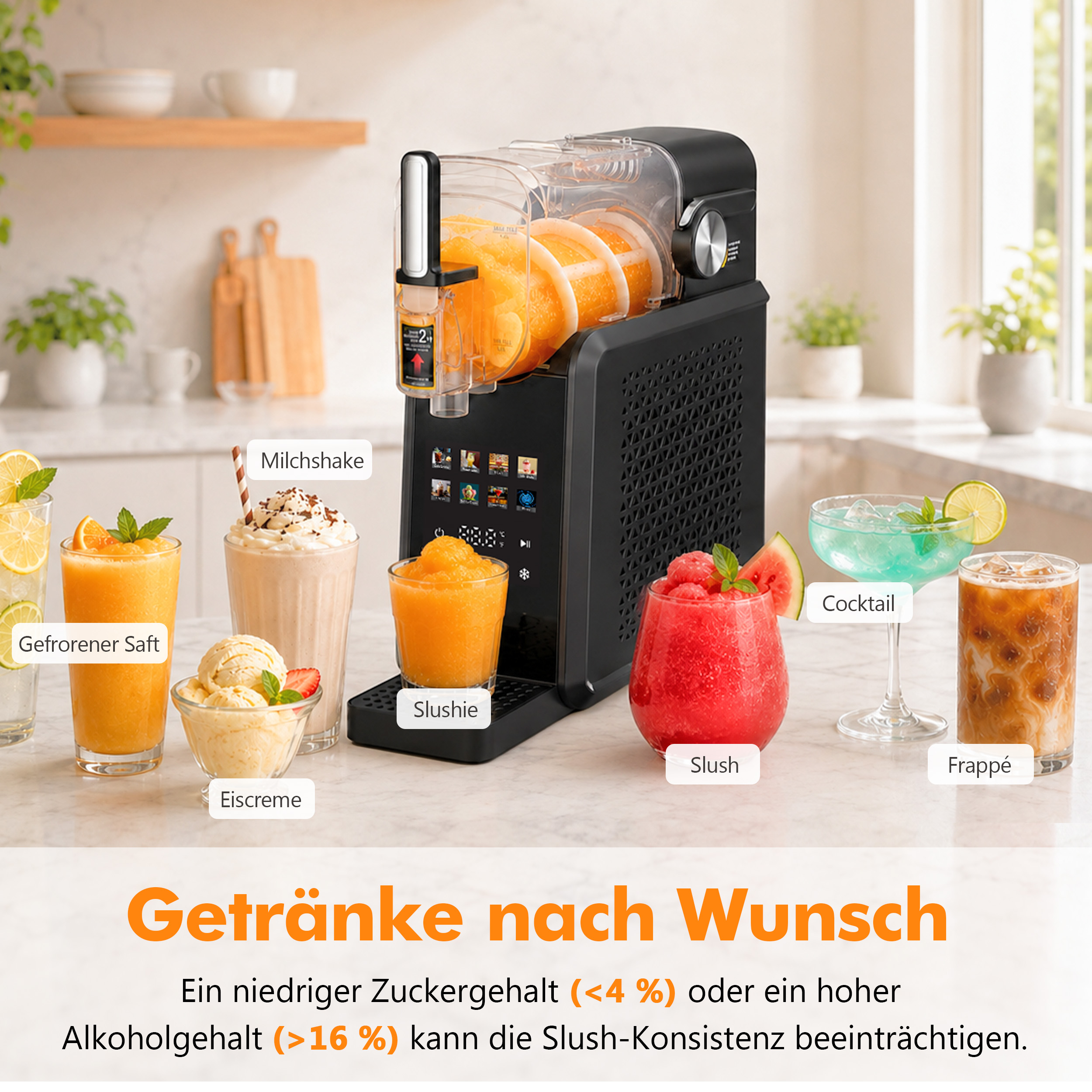 Eine schwarze Slush-Maschine auf einer Küchentheke, umgeben von verschiedenen Getränken.