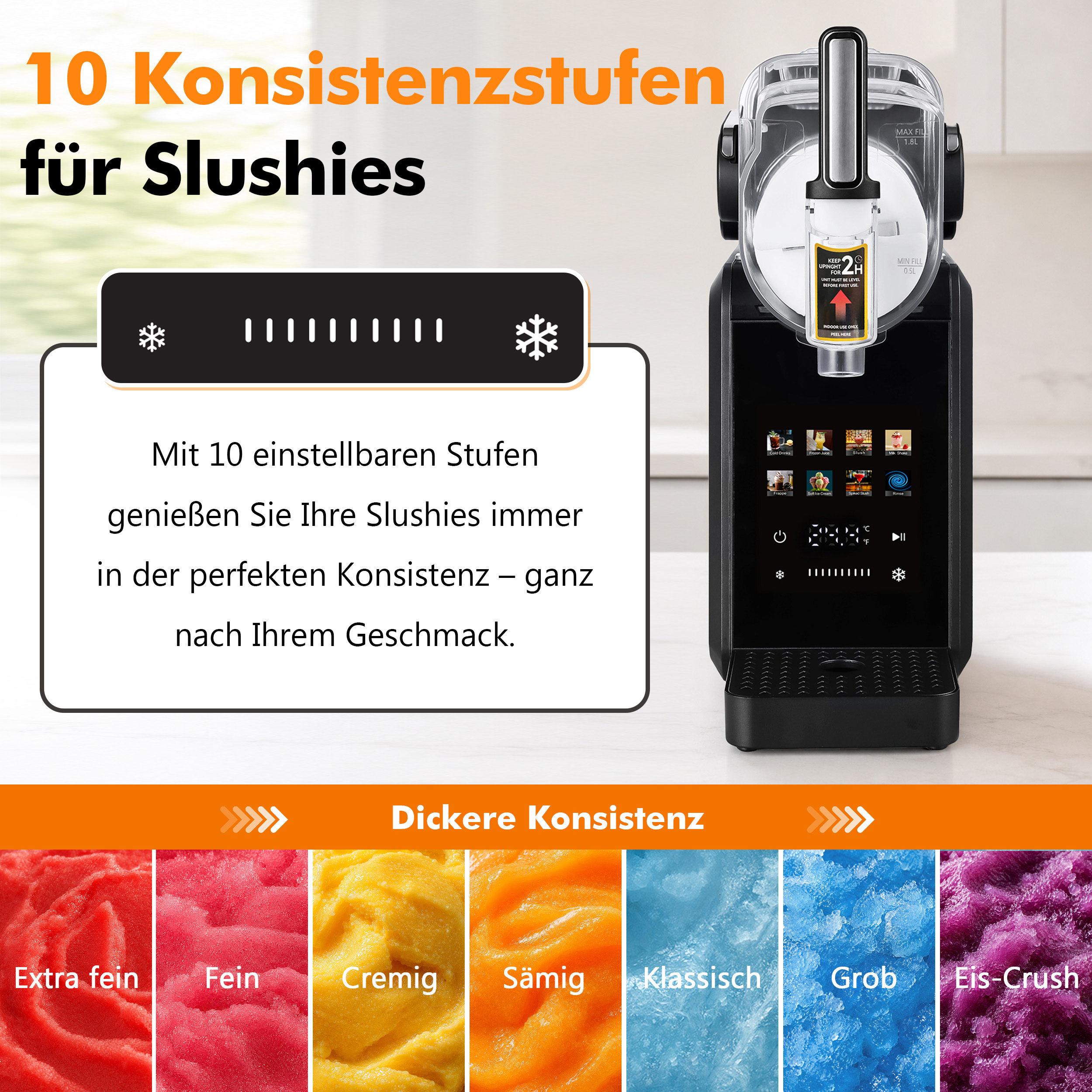 Schwarze Slush-Maschine mit digitalem Display und 10 Konsistenzstufen von extra fein bis Eis-Crush.