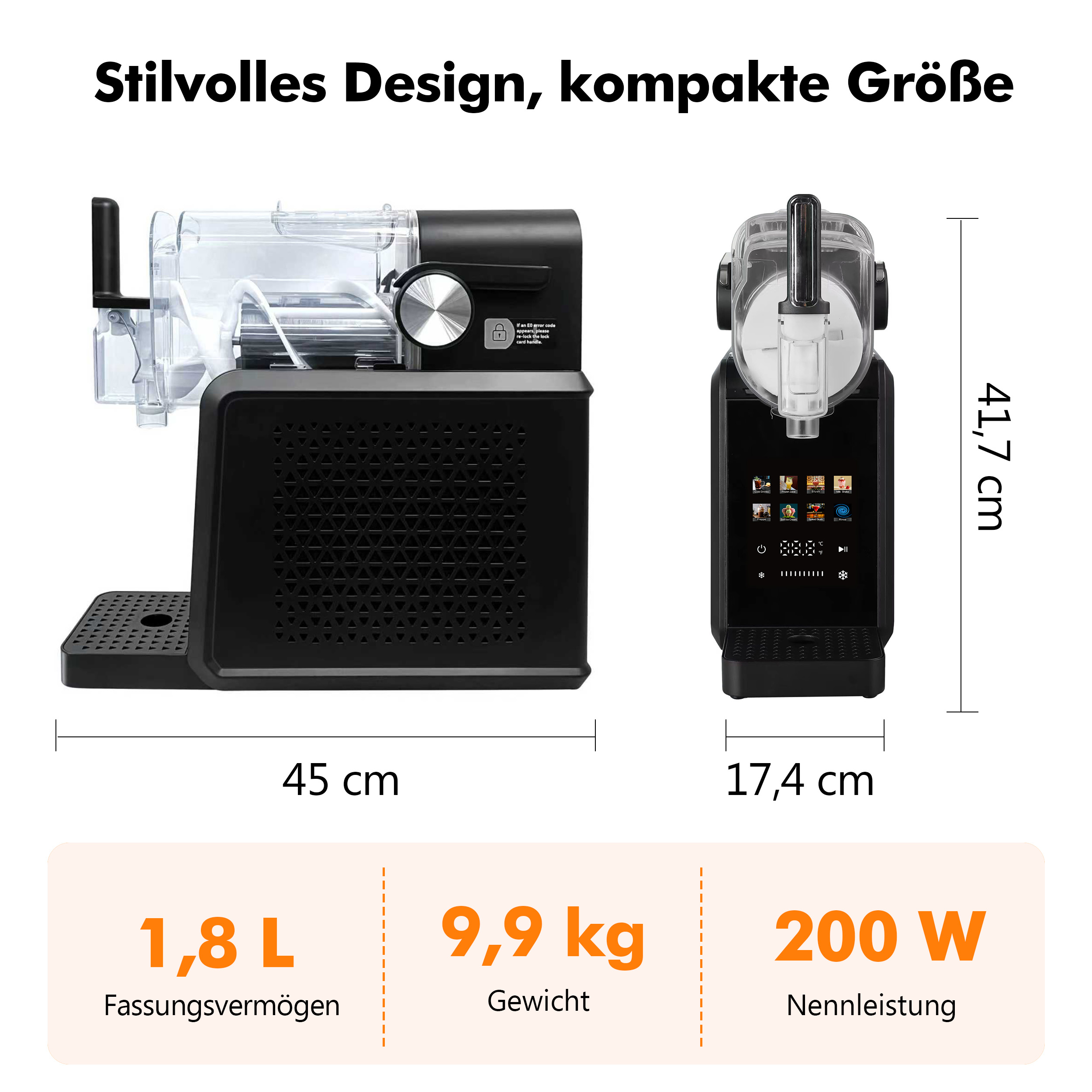 Kompakte schwarze Slush-Maschine mit 1,8L Kapazität, 9,9kg Gewicht und 200W Leistung, mit Maßen.