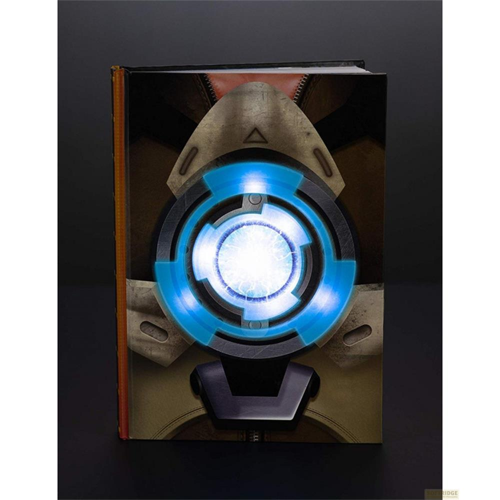 Ein geschlossenes Buch mit einem runden, leuchtend blauen sci-fi Design auf dem Cover.