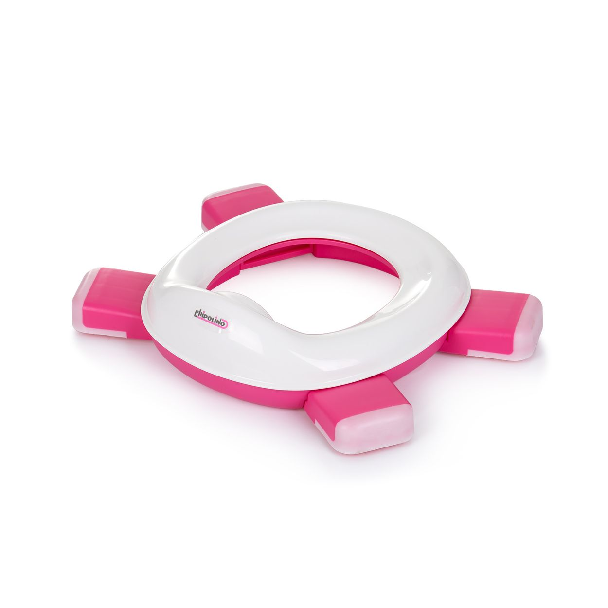 Ein weiß-rosa Toilettensitz für Kinder mit vier ausklappbaren pinken Füßen auf weißem Hintergrund.