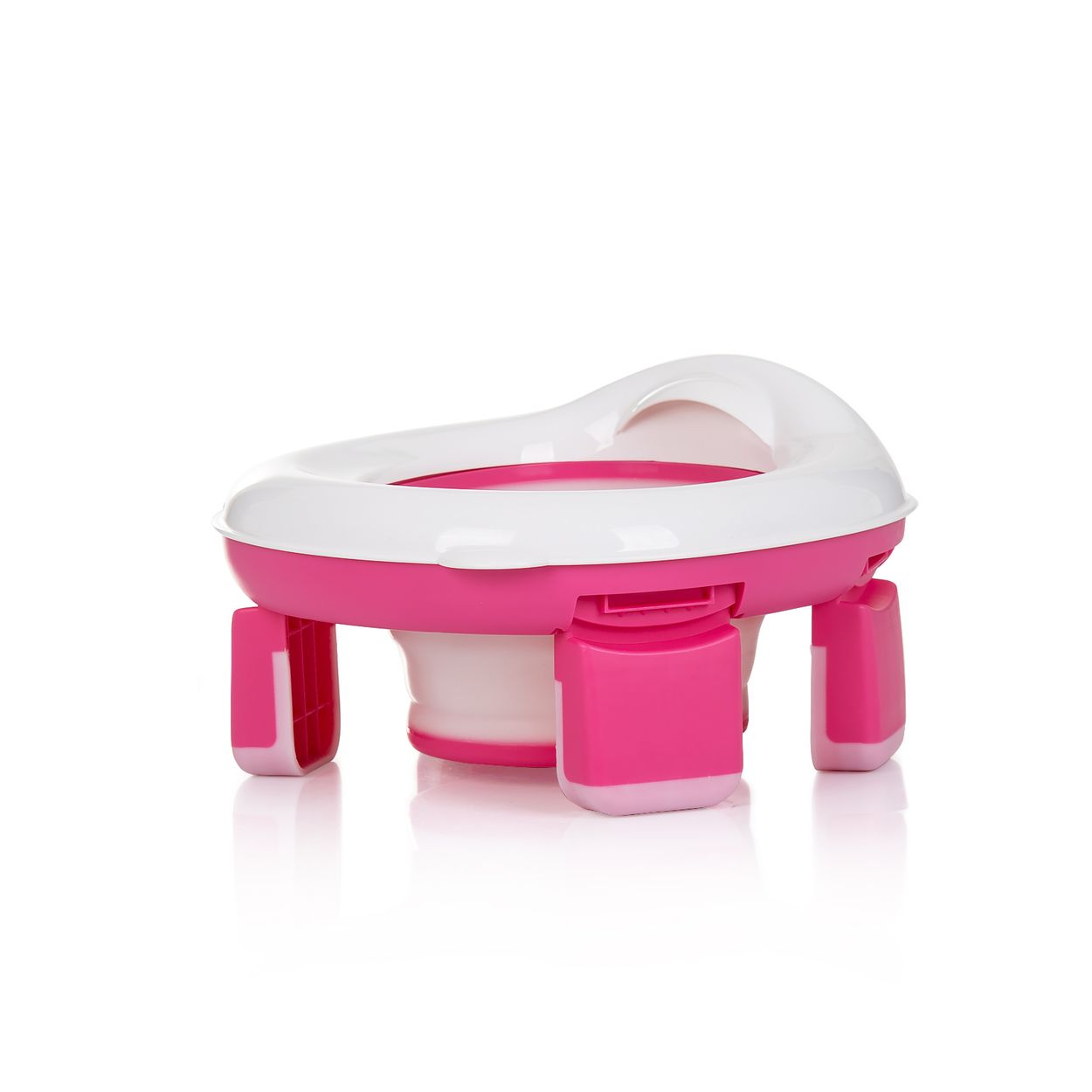 Ein tragbares, klappbares Töpfchen in Rosa und Weiß auf weißem Hintergrund.