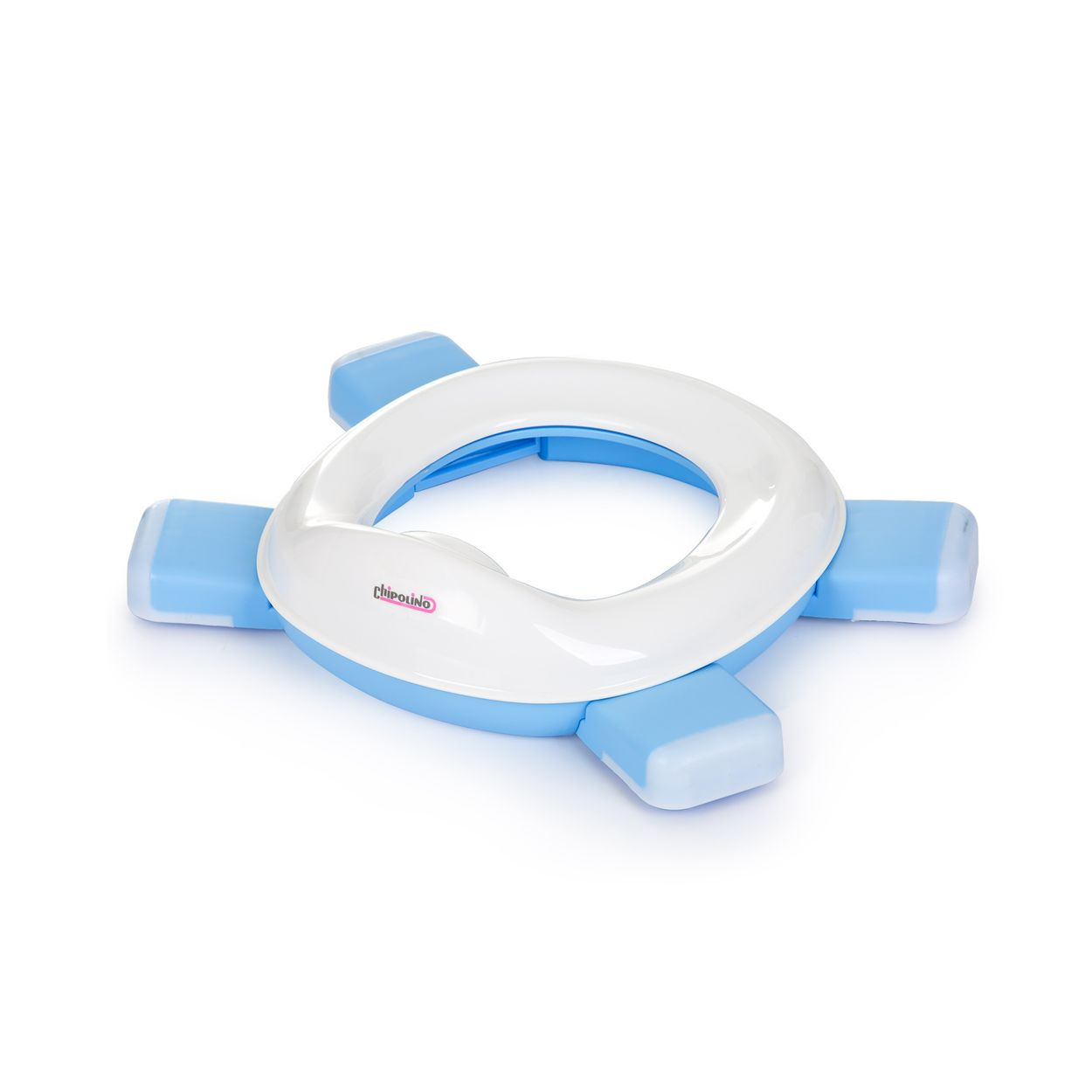 Ein weiß-blauer Kindertoilettensitz mit vier blauen Griffen auf weißem Hintergrund.