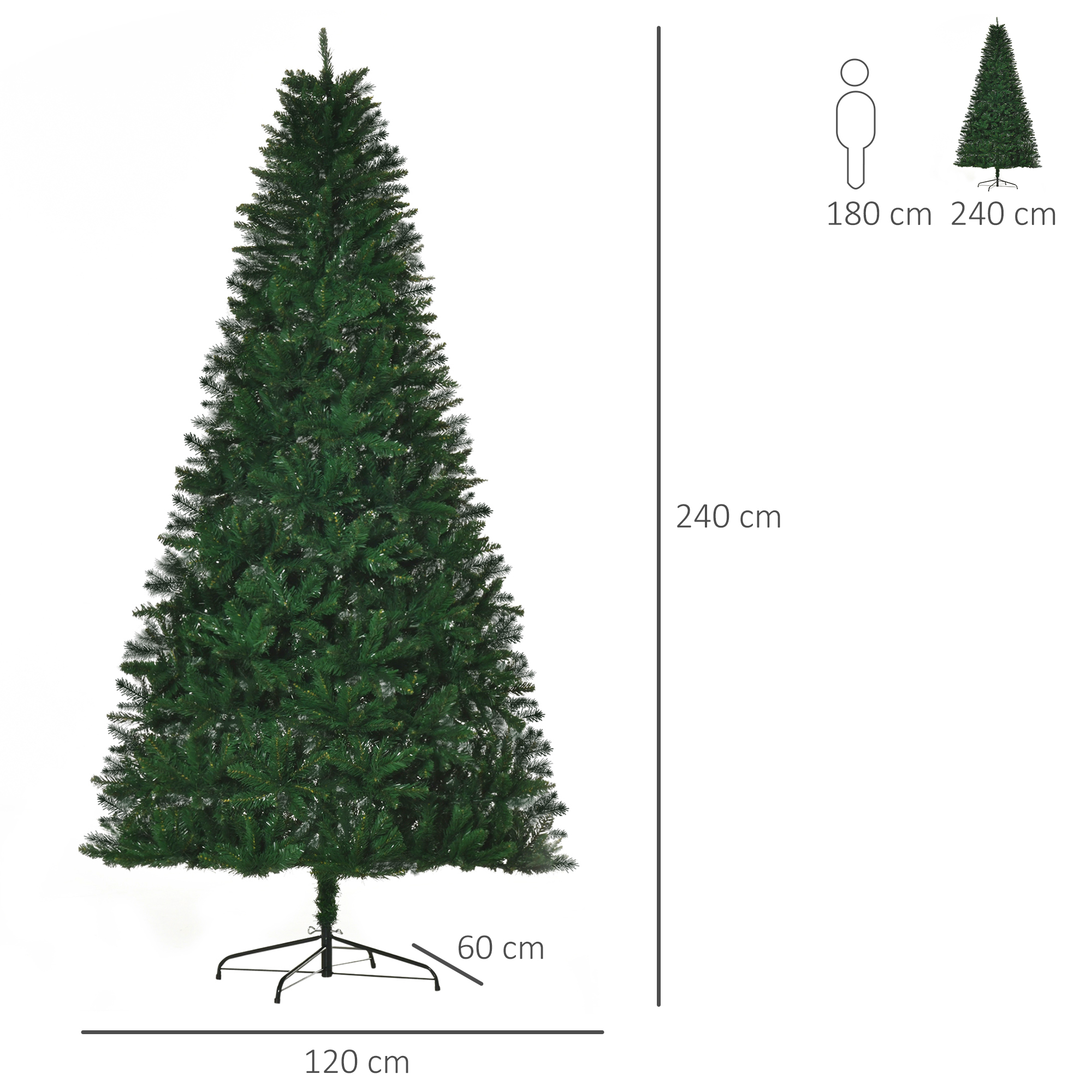 Árbol de navidad artificial verde con medidas: 240 cm de alto y 120 cm de ancho.