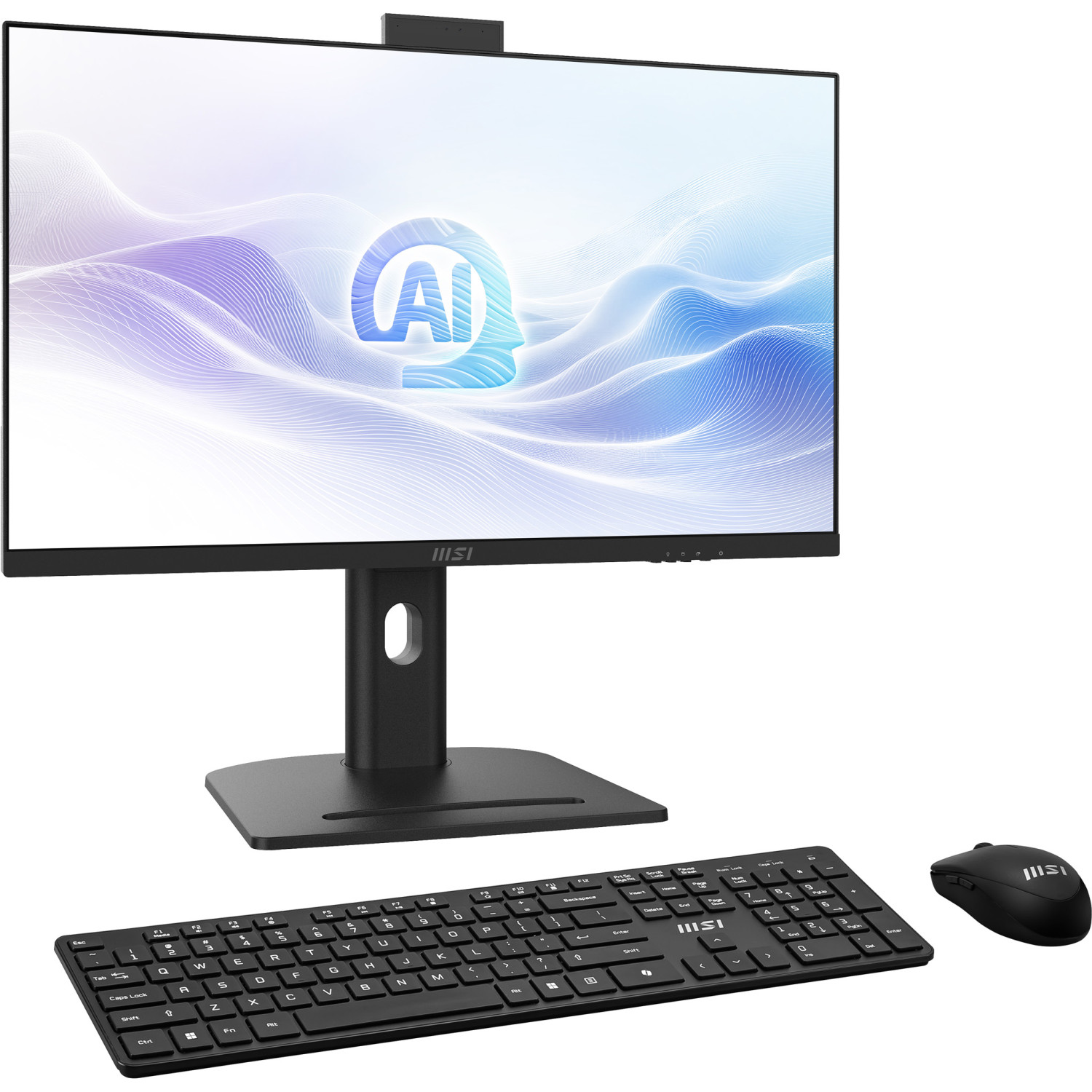 Un monitor nero con logo AI blu sullo schermo, accompagnato da tastiera e mouse wireless.