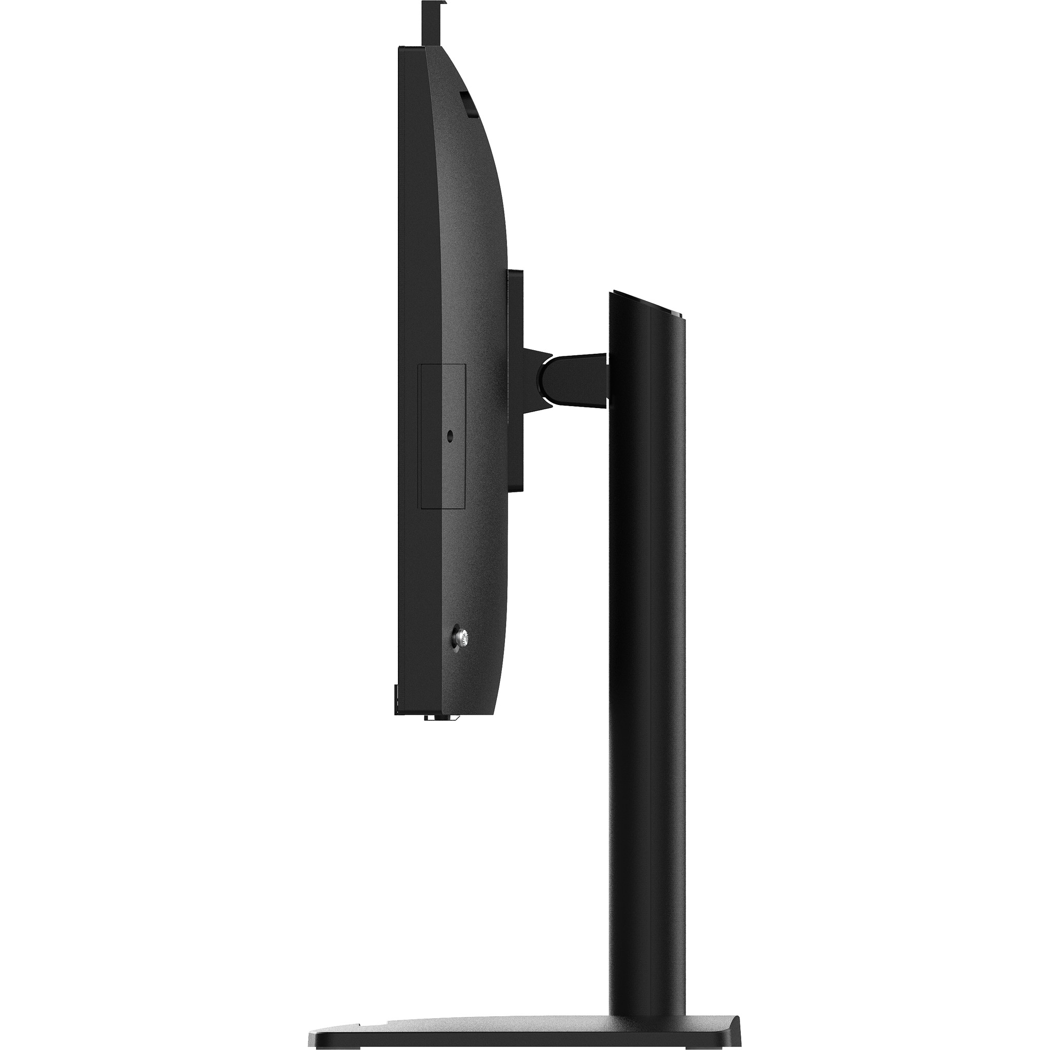 Vista laterale di un moderno monitor per computer nero su supporto regolabile su sfondo bianco.
