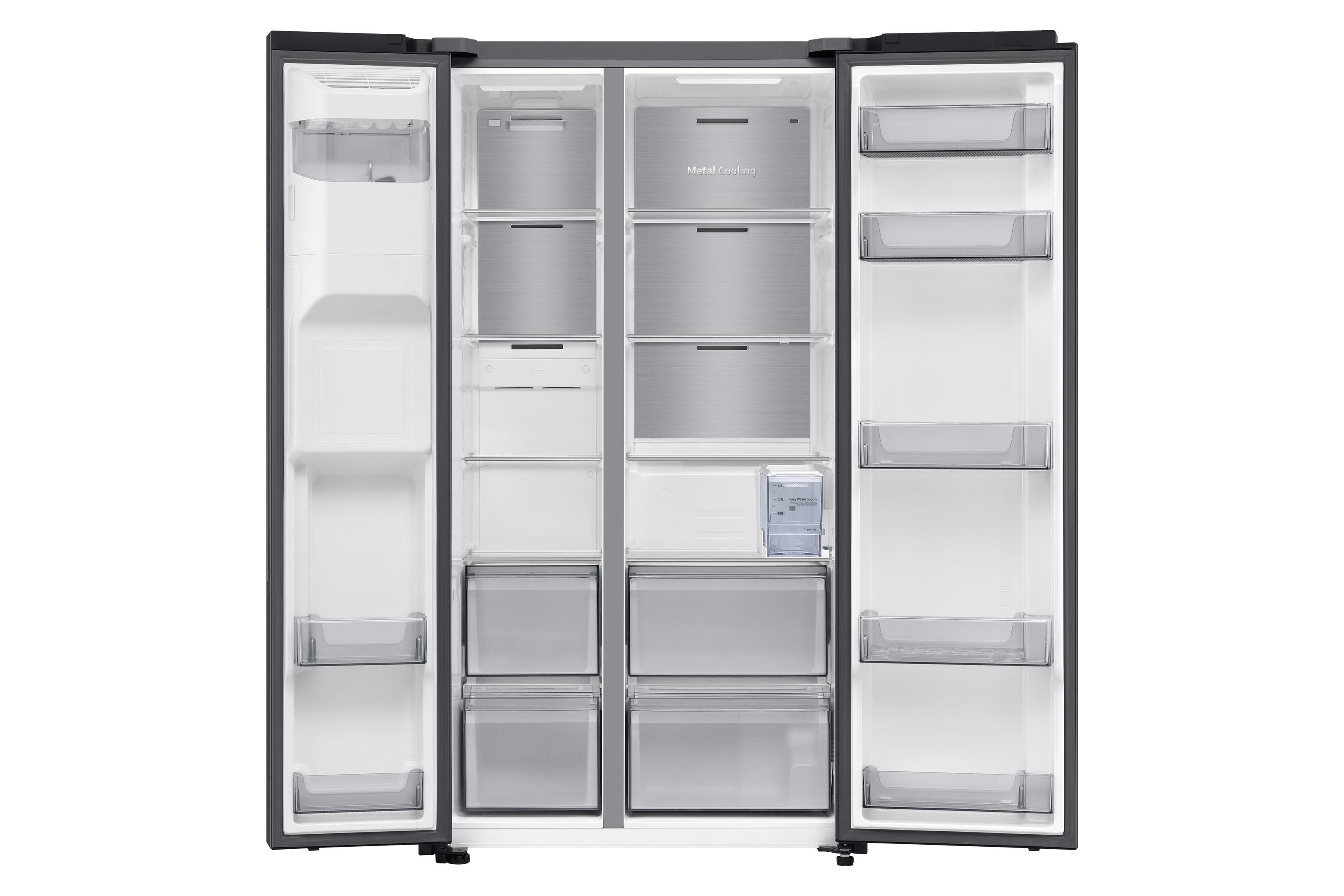Open black side-by-side refrigerator showing empty glass shelves, drawers, and door compartments.