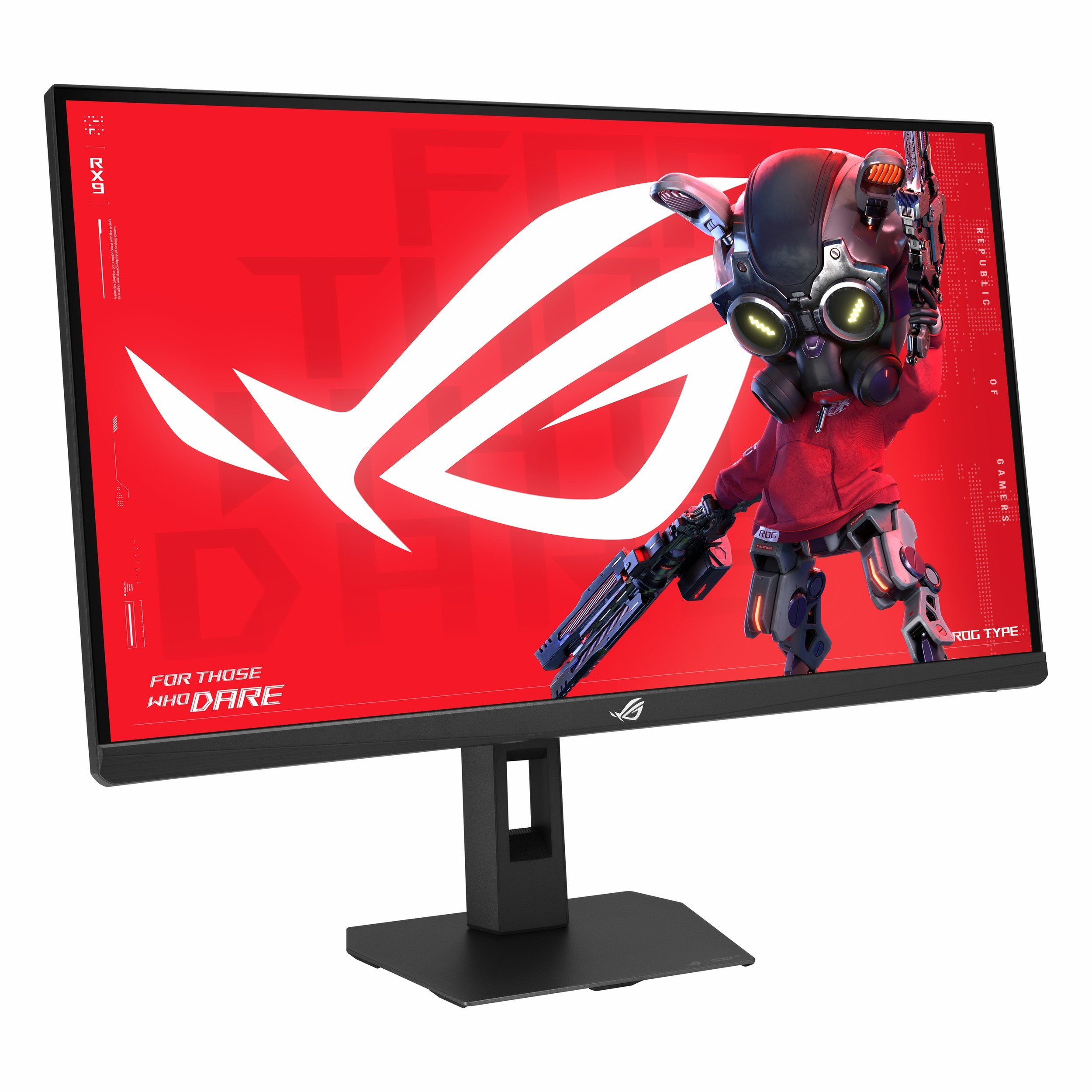 Kırmızı ekranlı, Asus ROG logolu ve silah tutan robotik karakterli oyun monitörü.