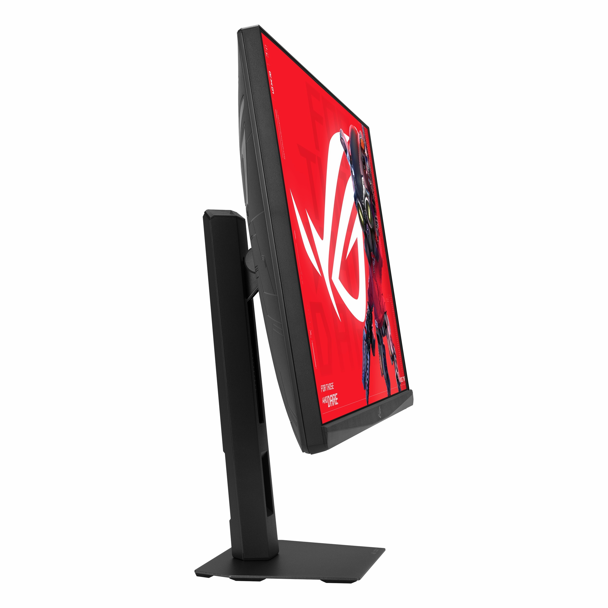 Beyaz arka planda stand üzerinde kırmızı ROG ekranlı siyah bir bilgisayar monitörü açılı olarak duruyor.