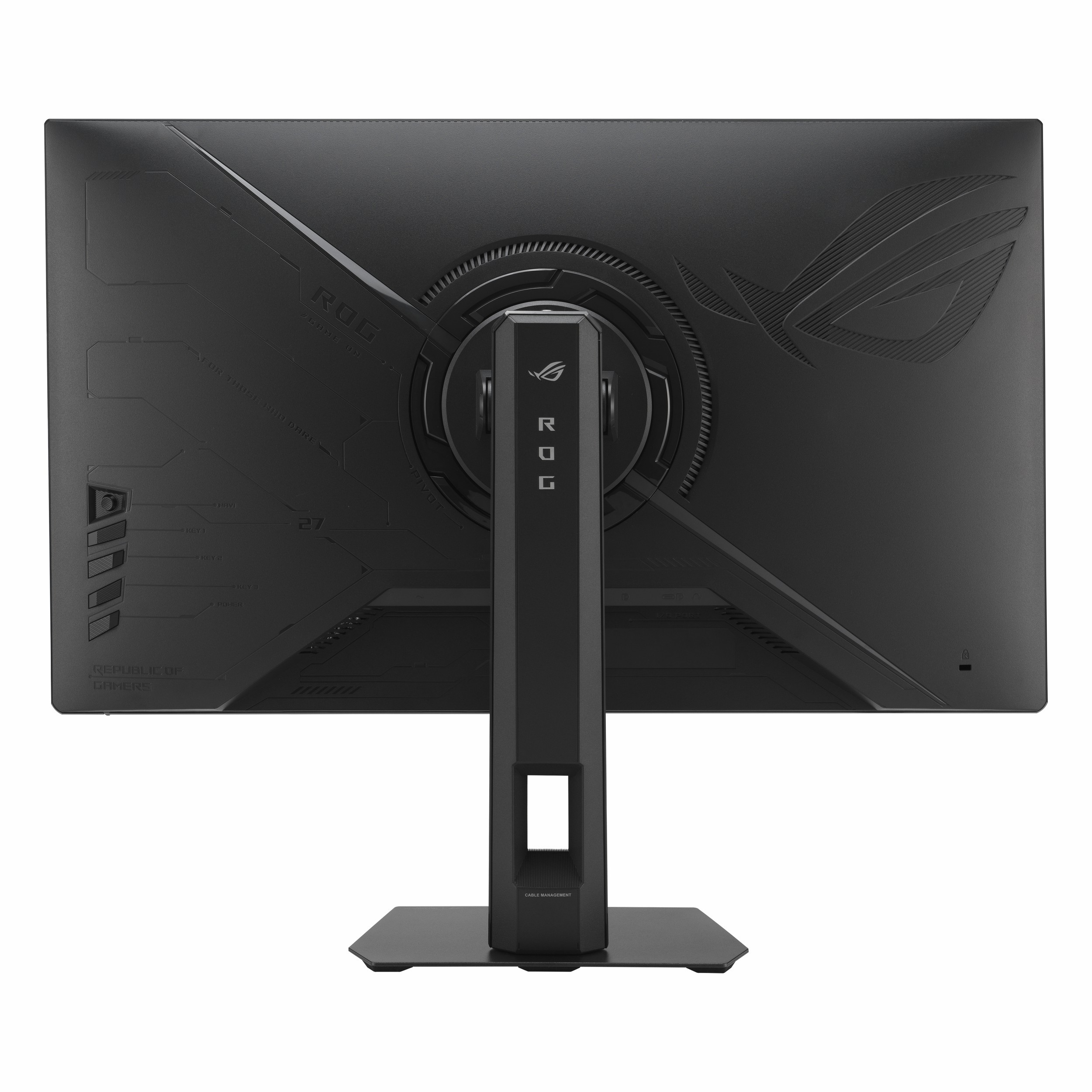Beyaz arka planda standlı siyah bir ROG oyun monitörünün arka görünümü.