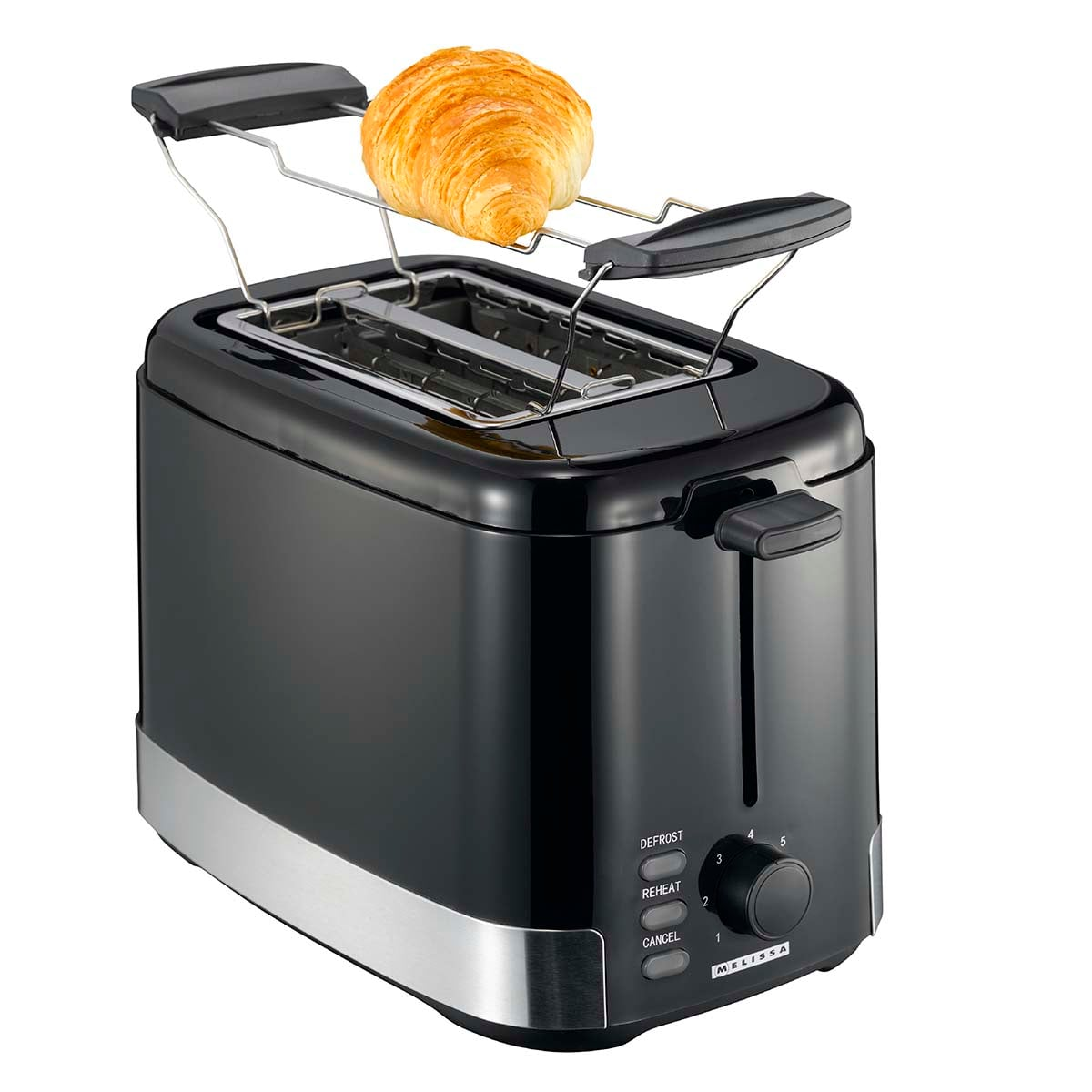 Ein schwarzer Toaster mit silbernem Boden, Einstellknöpfen und einem Croissant auf dem Brötchenaufsatz.