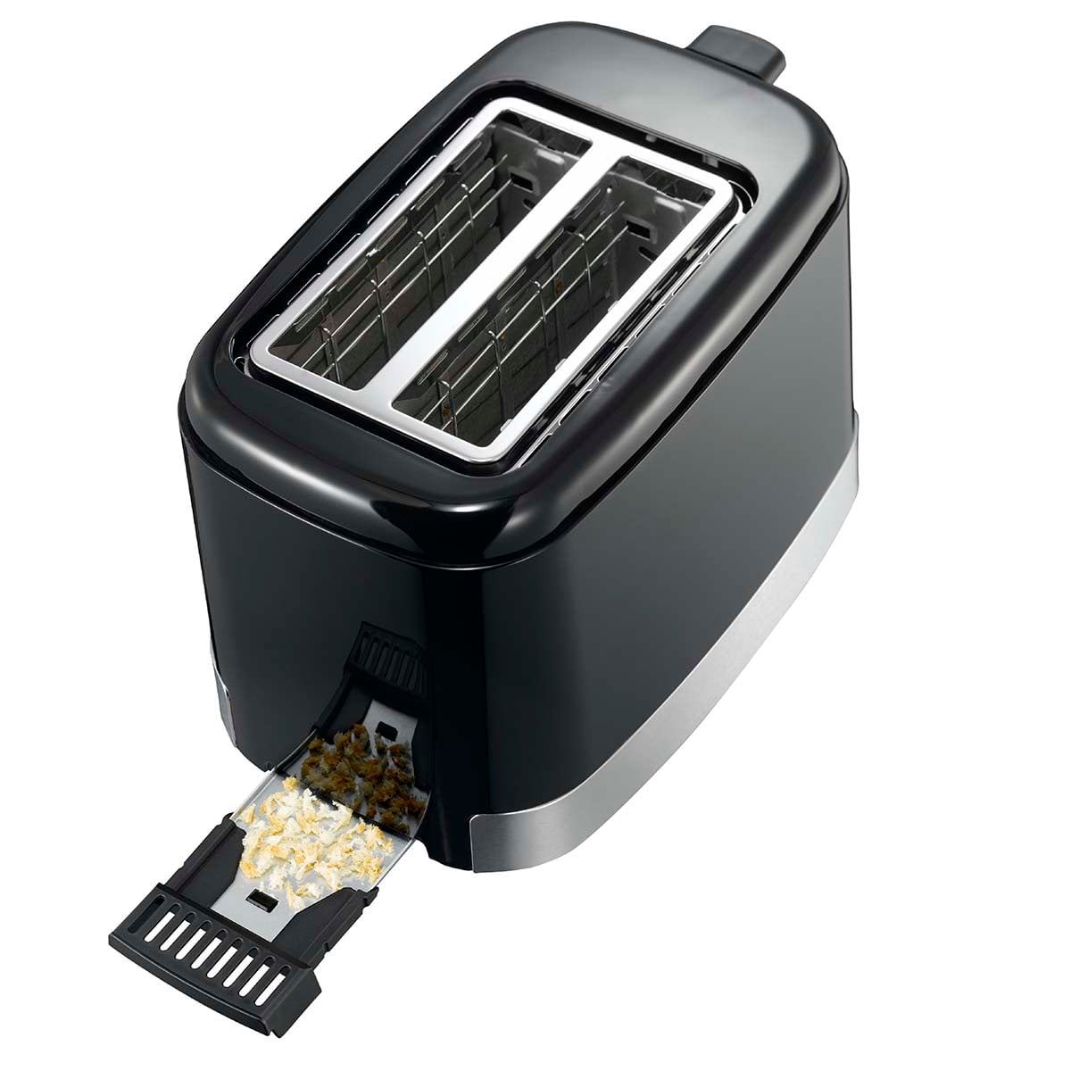 Ein schwarzer Toaster mit Silberkante, zwei Schlitzen und herausgezogener Krümelschublade mit Krümeln.