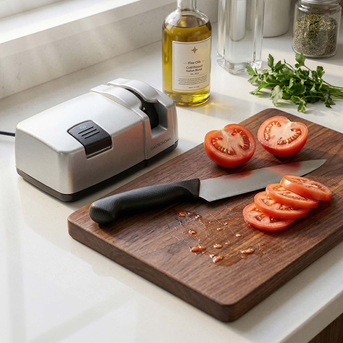 Ein elektrischer Messerschärfer, ein Messer und geschnittene Tomaten auf einem Holzbrett.