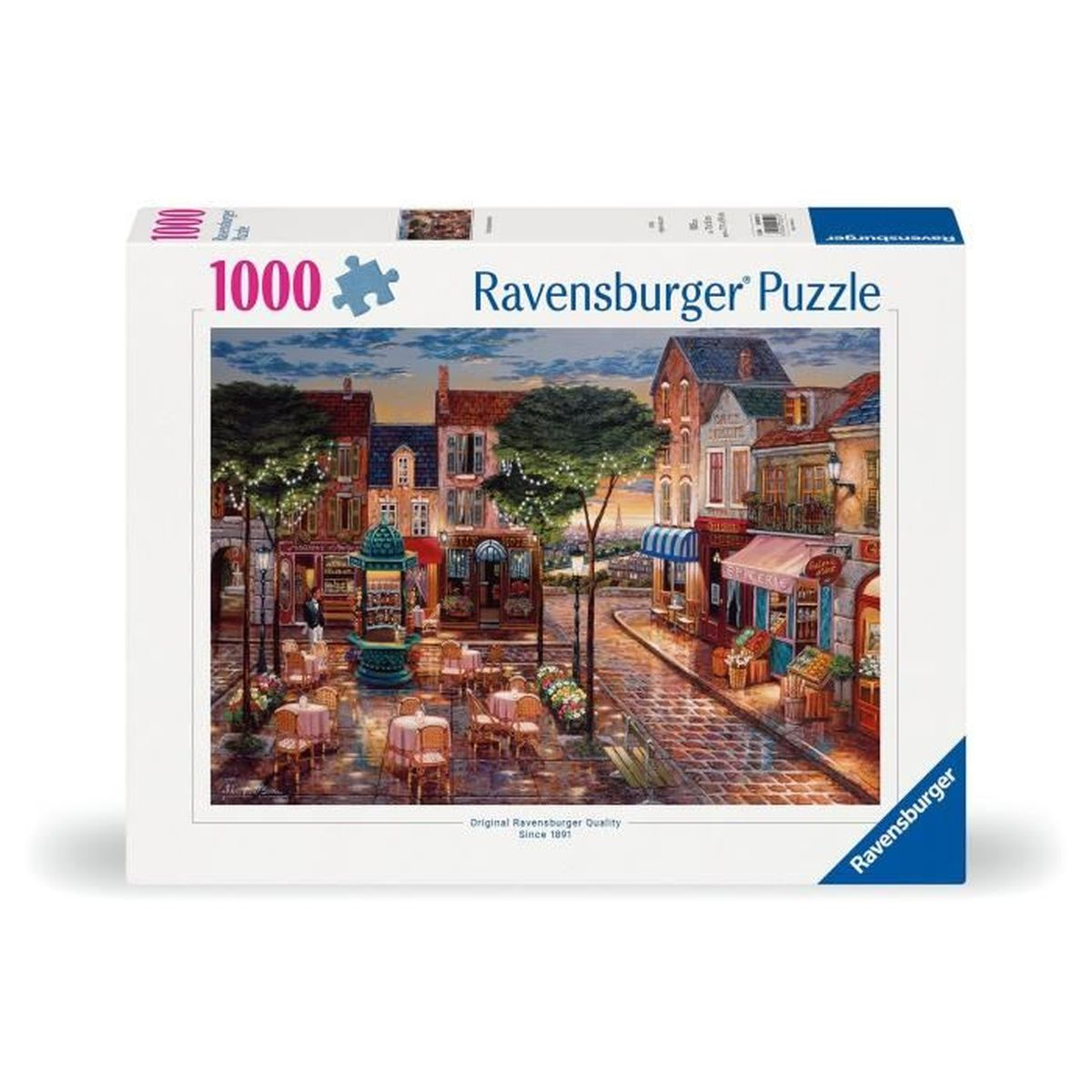 Eine Ravensburger 1000-Teile-Puzzlebox zeigt einen charmanten europäischen Abendplatz mit Geschäften und Cafés.
