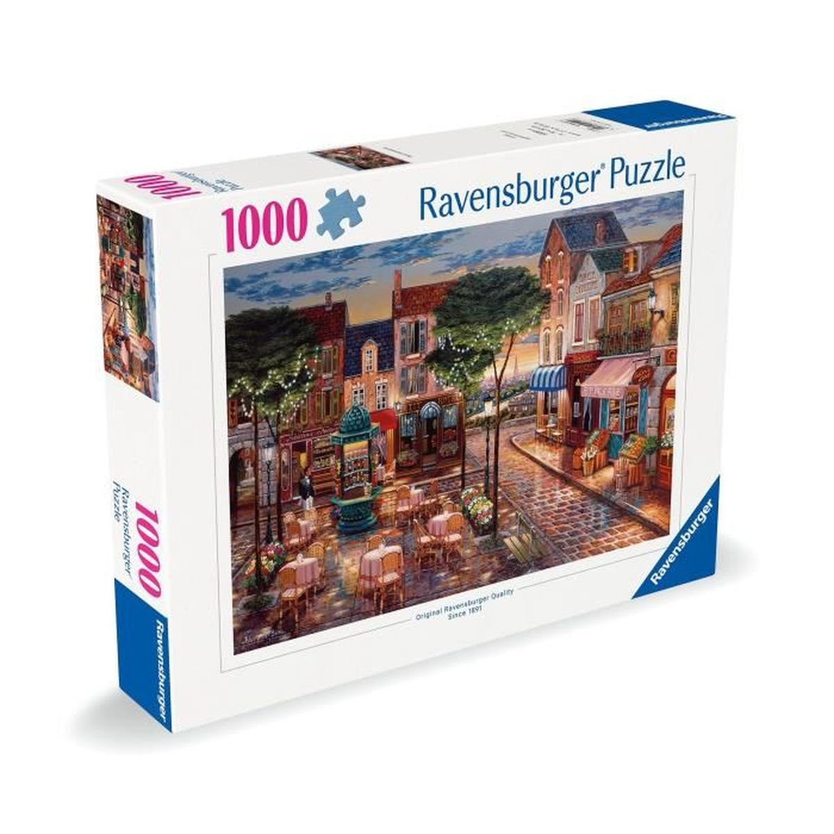 Ravensburger 1000-teiliges Puzzle zeigt eine europäische Straßenszene bei Dämmerung mit Cafés und Geschäften.