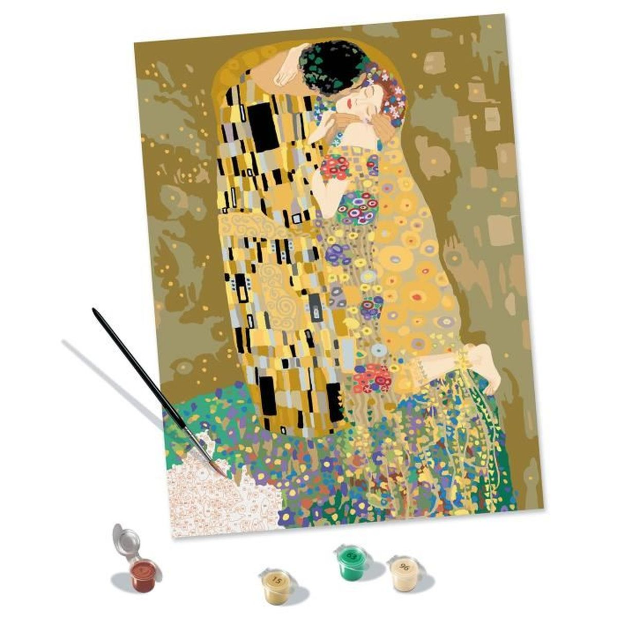 Ein Mal-nach-Zahlen-Set zeigt die Liebenden nach Klimt, mit Farben und einem Pinsel.