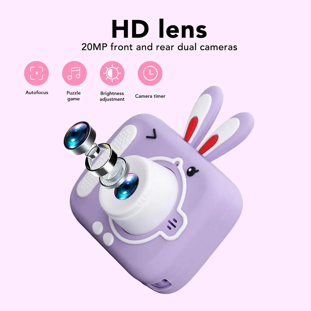 Lila Kinderkamera in Hasenform mit HD-Objektiv und Symbolen für Autofokus, Spiele, Helligkeit und Timer.