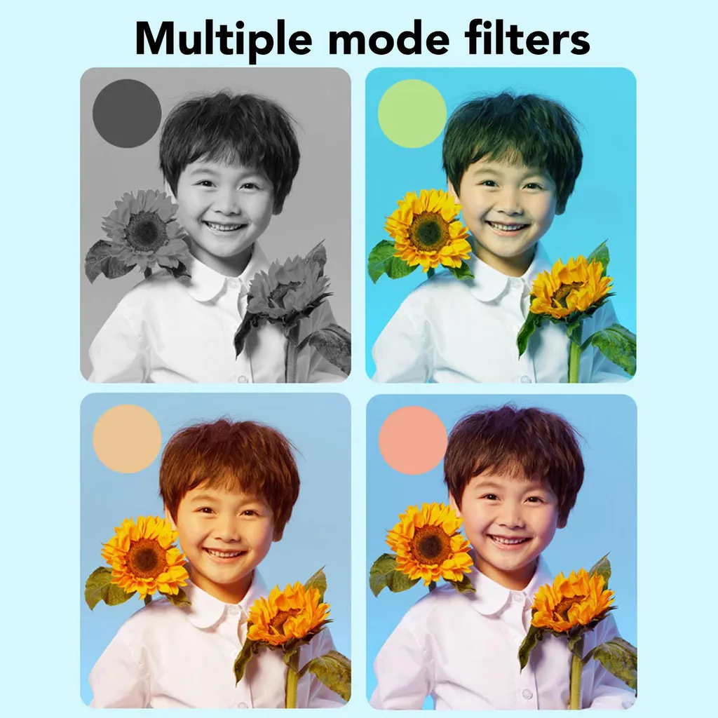 Vier Bilder zeigen denselben Jungen mit Sonnenblumen unter verschiedenen Farbfiltern.