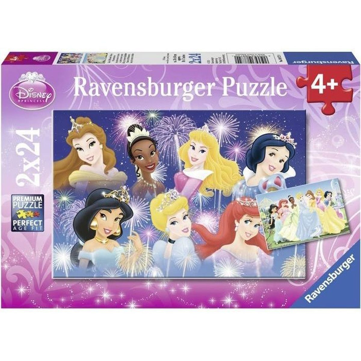 Ravensburger Disney Princess Puzzle mit sechs Prinzessinnen vor einem Feuerwerk.