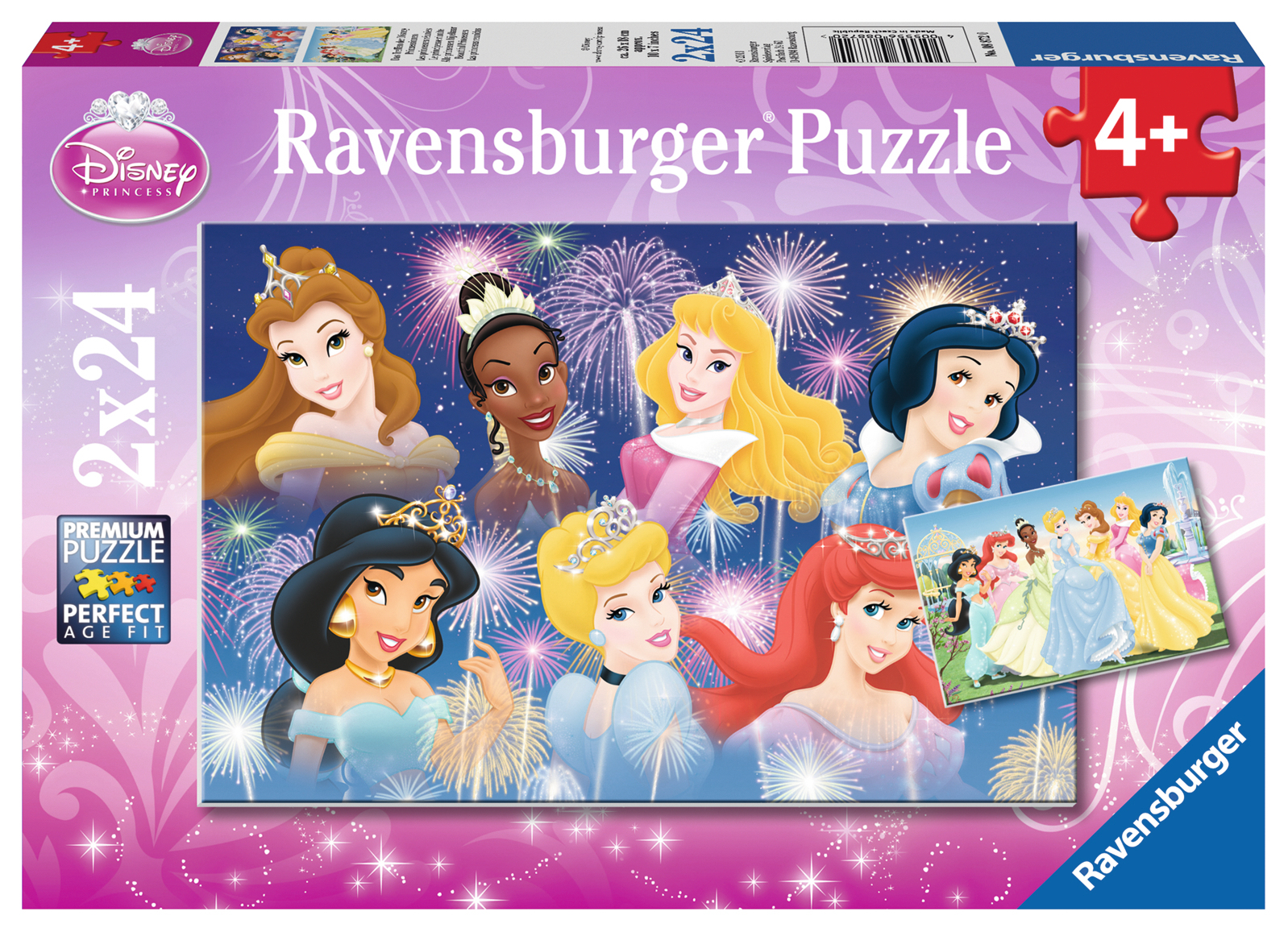 Ravensburger Disney Princess Puzzle Verpackung mit sieben Prinzessinnen vor einem Feuerwerk.