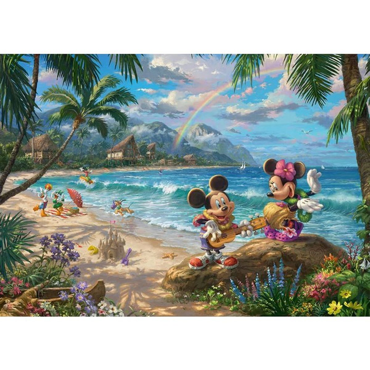 Micky spielt Gitarre für Minnie an einem tropischen Strand mit Palmen, einem Regenbogen und Freunden im Hintergrund.