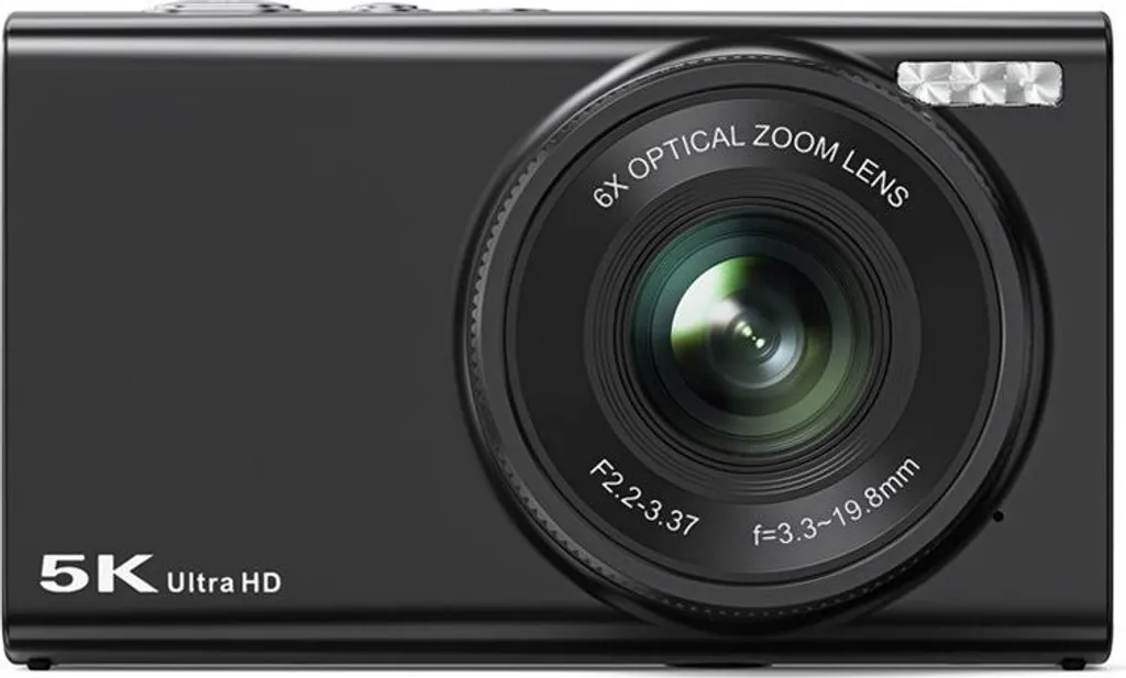 Schwarze Digitalkamera mit 6x optischem Zoom, Blitz oben rechts und '5K Ultra HD' Text.
