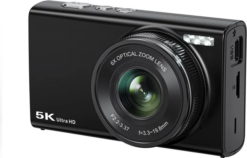 Eine kompakte, schwarze 5K Ultra HD Digitalkamera mit 6x optischem Zoom.