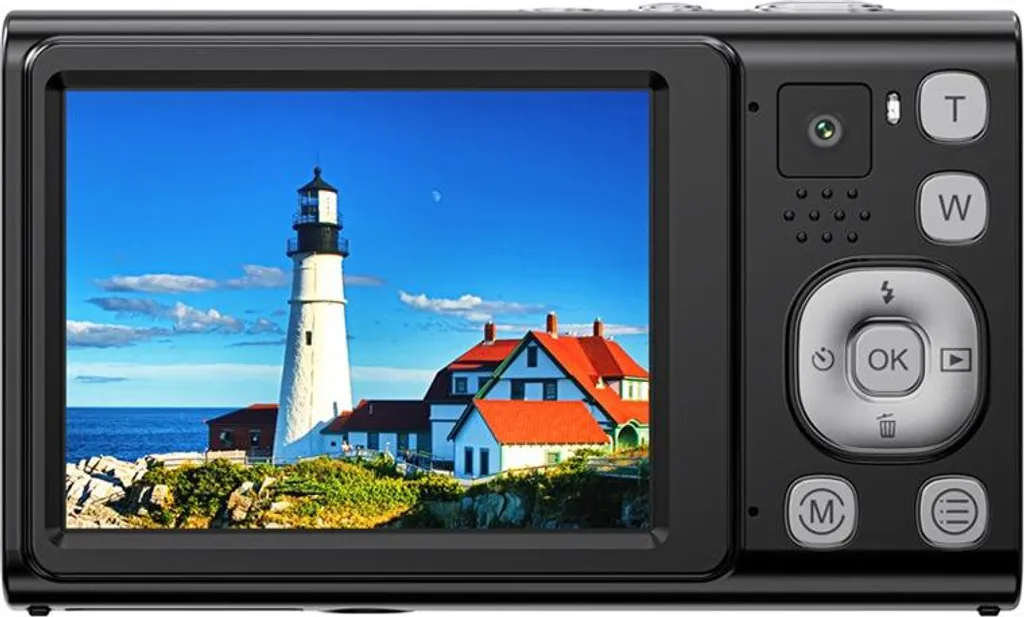 Eine schwarze Digitalkamera zeigt auf ihrem Bildschirm einen Küstenleuchtturm und Gebäude mit rotem Dach.