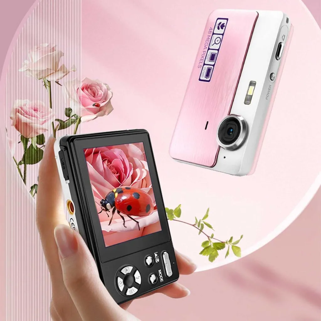 Hand hält kompakte schwarze Digitalkamera vor rosa Hintergrund mit Rosen und einer zweiten rosa-weißen Kamera.