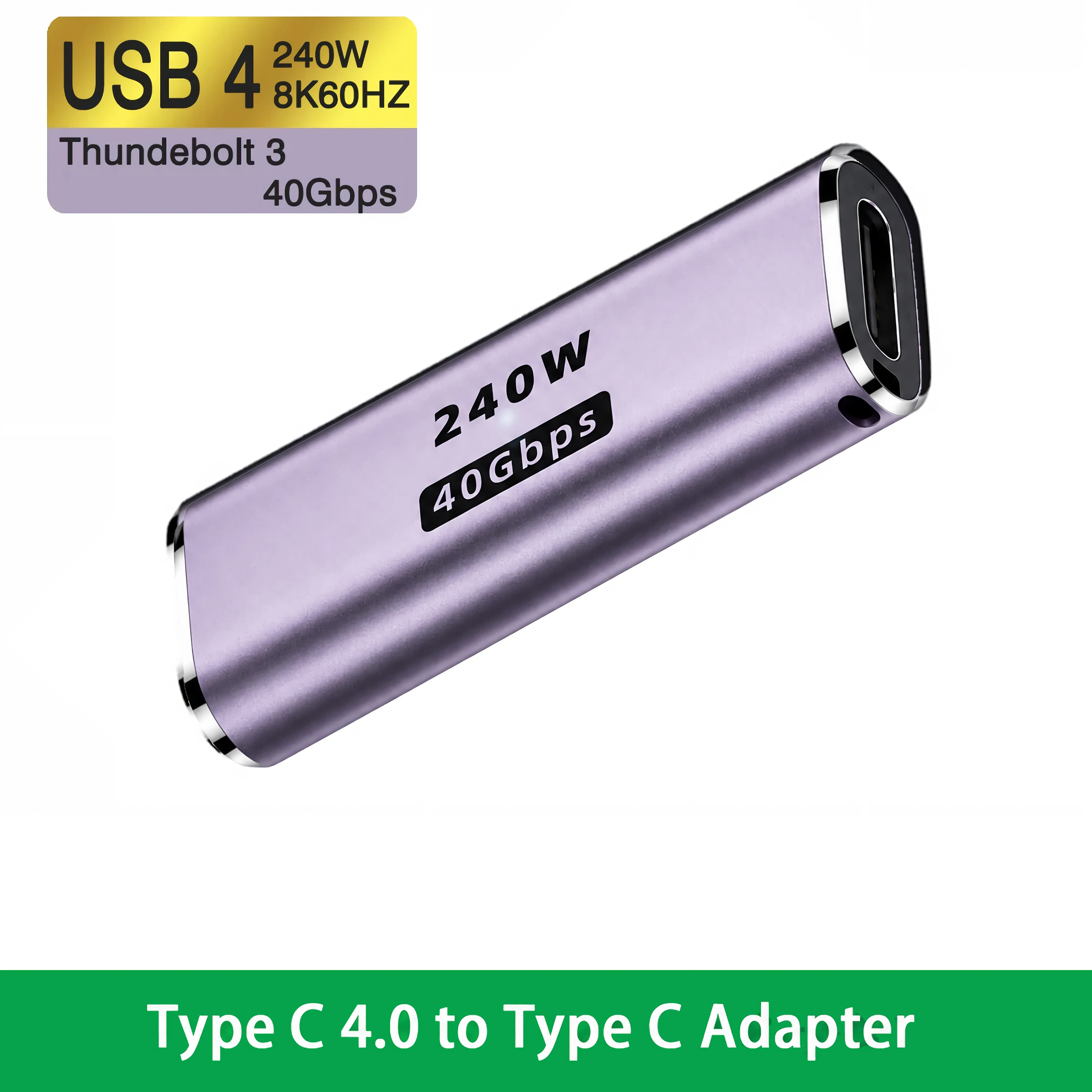 Ein lilafarbener USB-C 4.0 Adapter mit der Aufschrift 240W und 40Gbps auf weißem Hintergrund.