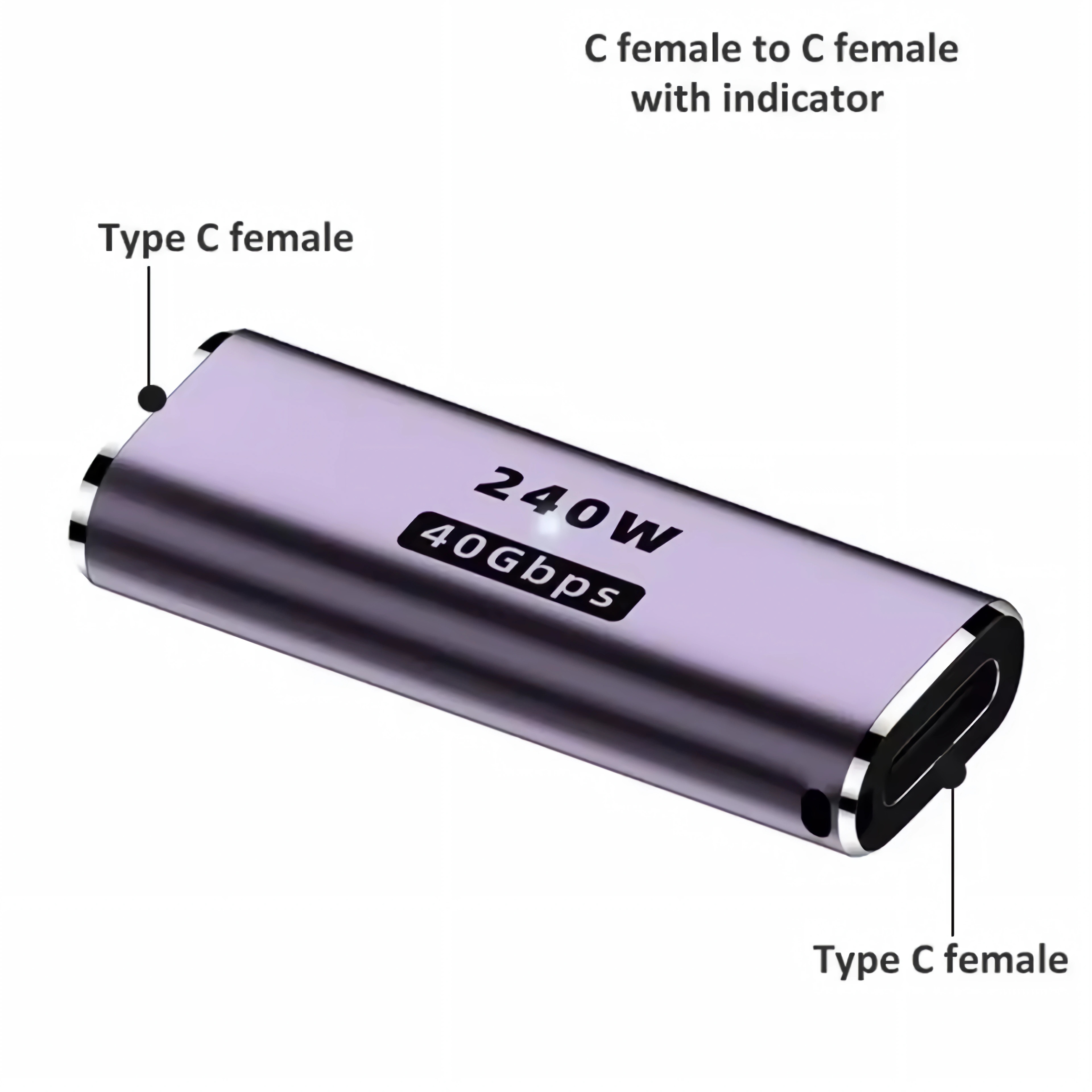 Ein lila USB-C-Buchsen-Adapter mit 240W- und 40Gbps-Beschriftung und Indikatoren an beiden Enden.
