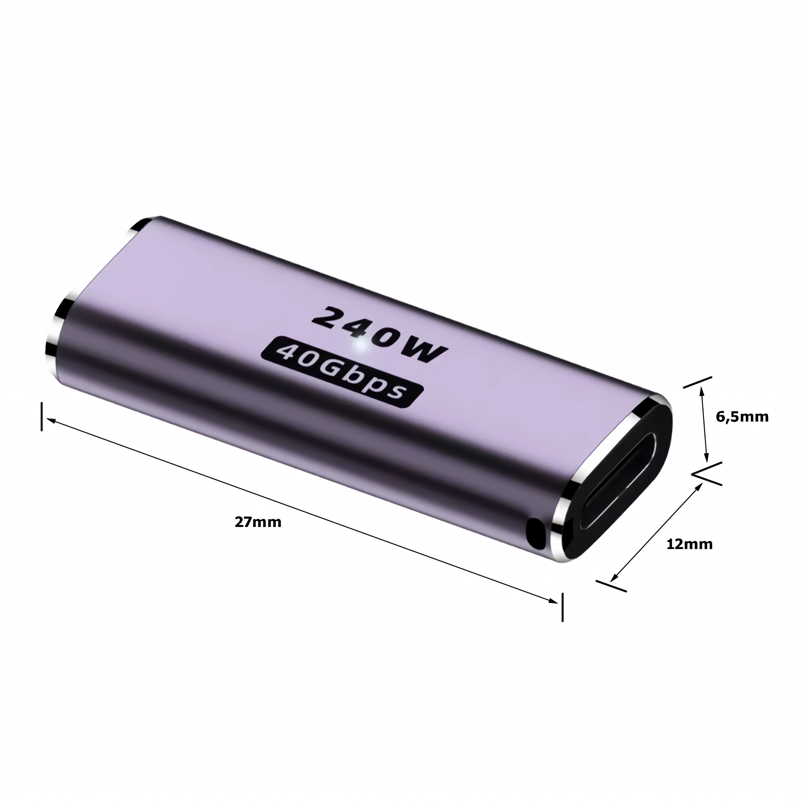 Ein lilafarbener USB-C-Adapter mit Maßen: 27mm Länge, 12mm Breite, 6,5mm Höhe, beschriftet mit 240W und 40Gbps.