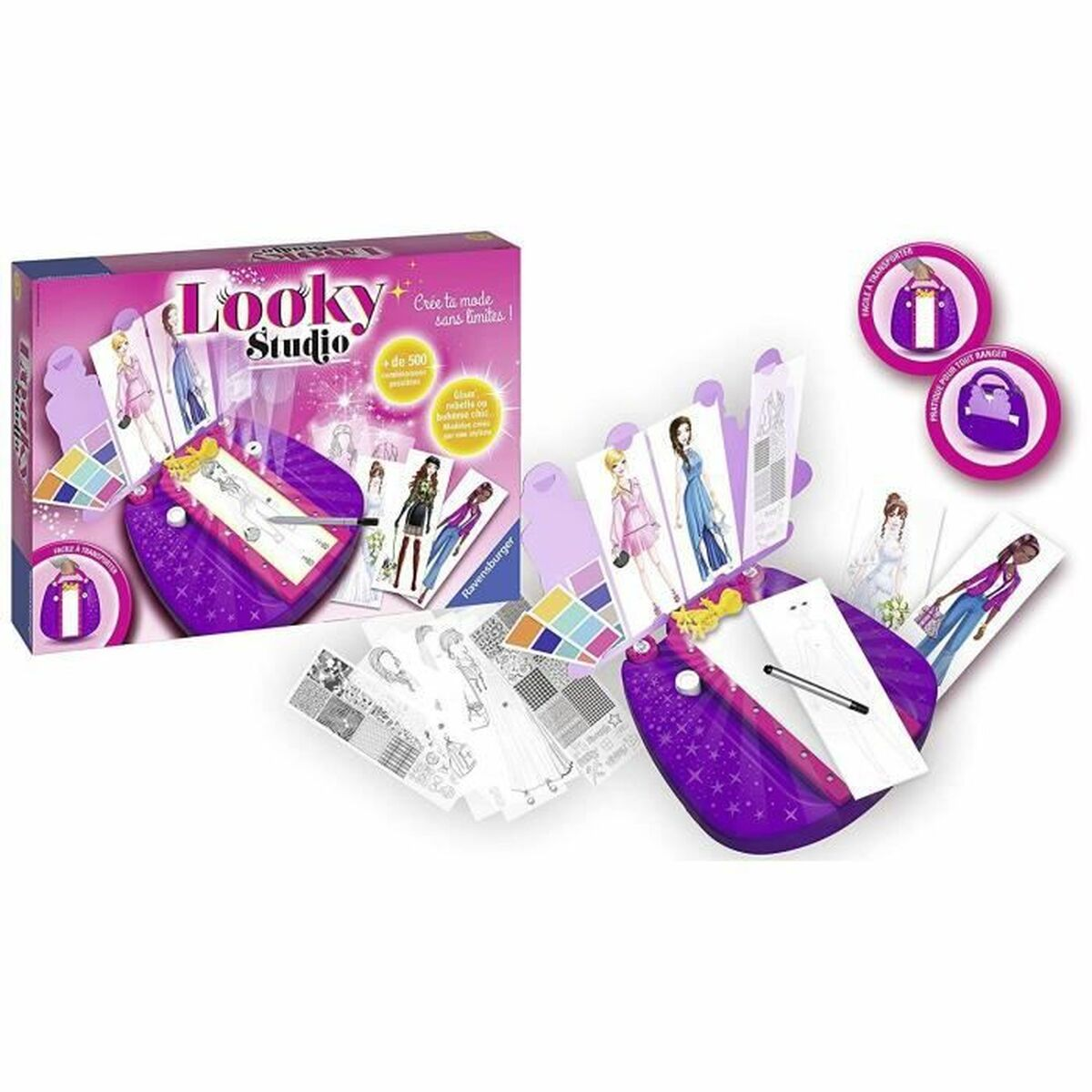 Looky Studio Spielset mit violettem Maltisch, Zeichenvorlagen, Stiften und farbiger Verpackung.