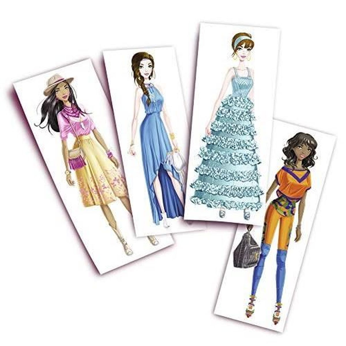 Vier Modeillustrationen von Frauen in verschiedenen stilvollen Outfits auf weißen Hintergrundkarten.
