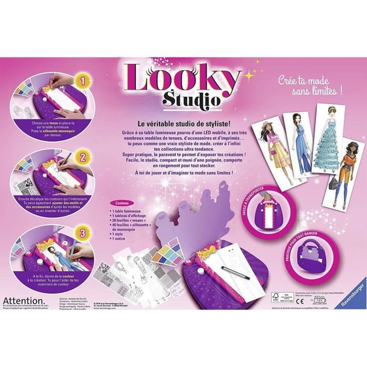 Looky Studio Verpackung mit lilafarbenem Leuchttisch, Modedesign-Vorlagen und Schritt-für-Schritt-Anleitungen.