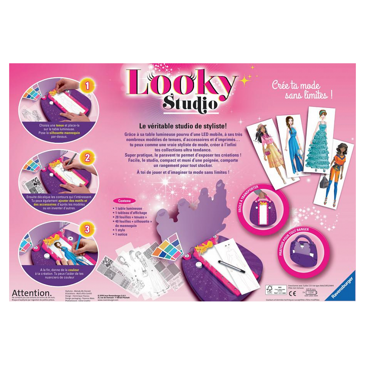 Rosa Looky Studio Modedesign-Spielzeugbox mit Leuchttisch, Skizzenblättern und bunten Modeillustrationen.