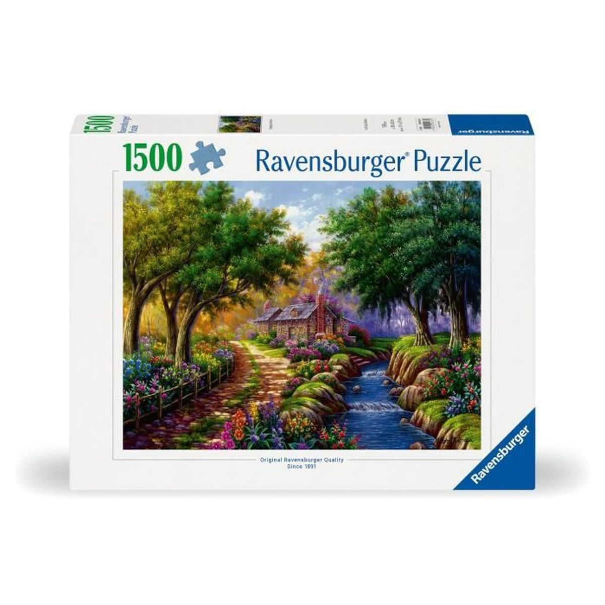 Ravensburger-Puzzlebox mit 1500 Teilen zeigt ein idyllisches Naturidyll mit Hütte, Bach und Bäumen.