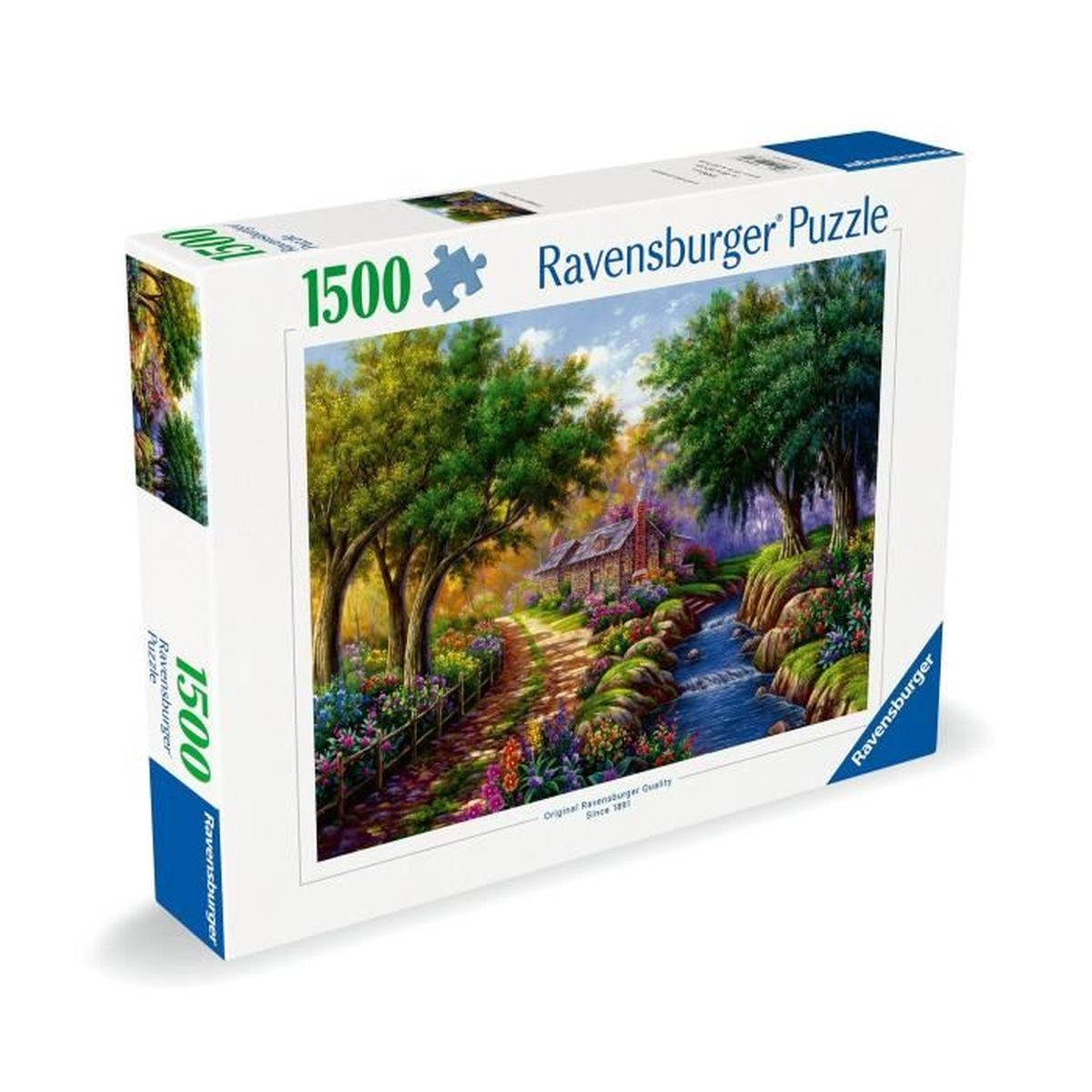 Ravensburger 1500-Teile-Puzzle mit einer idyllischen Landschaft aus Fluss, Haus und Bäumen.