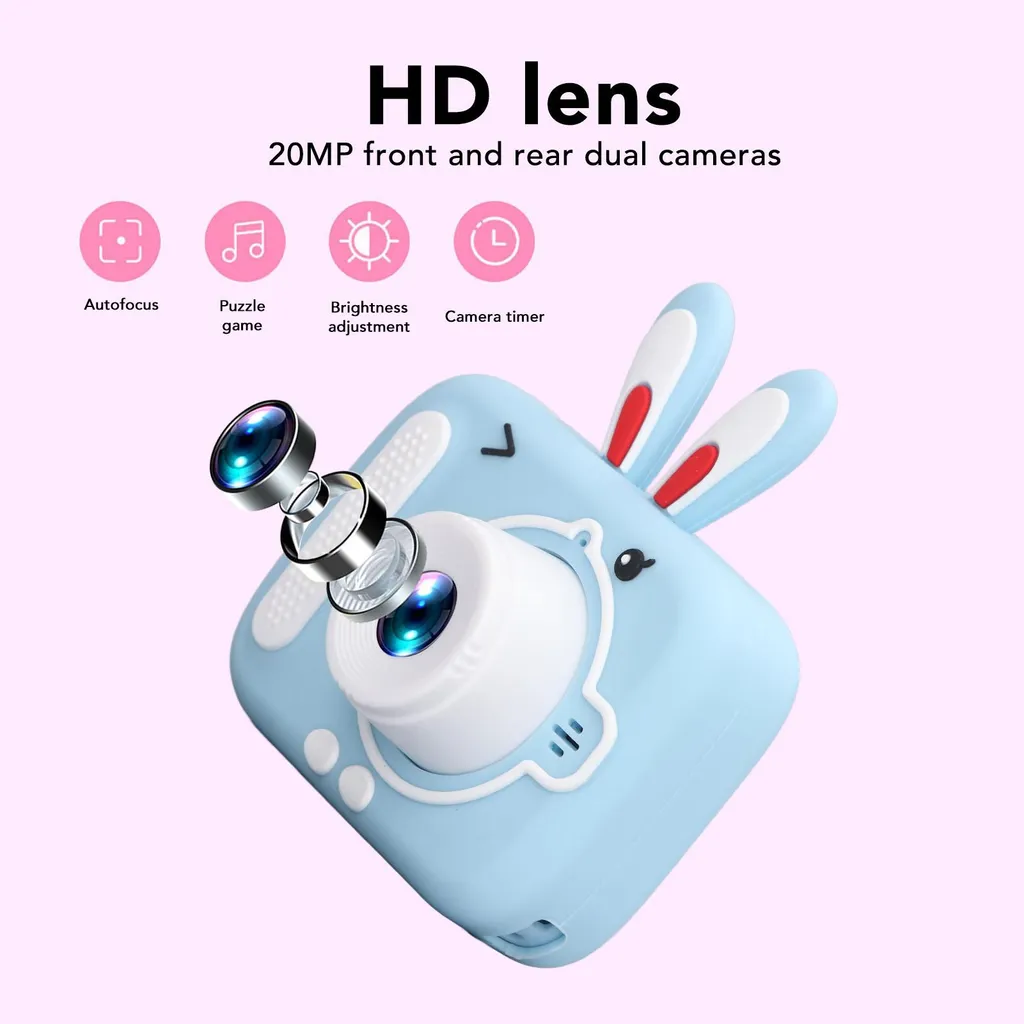 Blaue Kinderkamera in Hasenform mit HD-Linse und Funktionen wie Autofokus und Timer auf rosa Hintergrund.