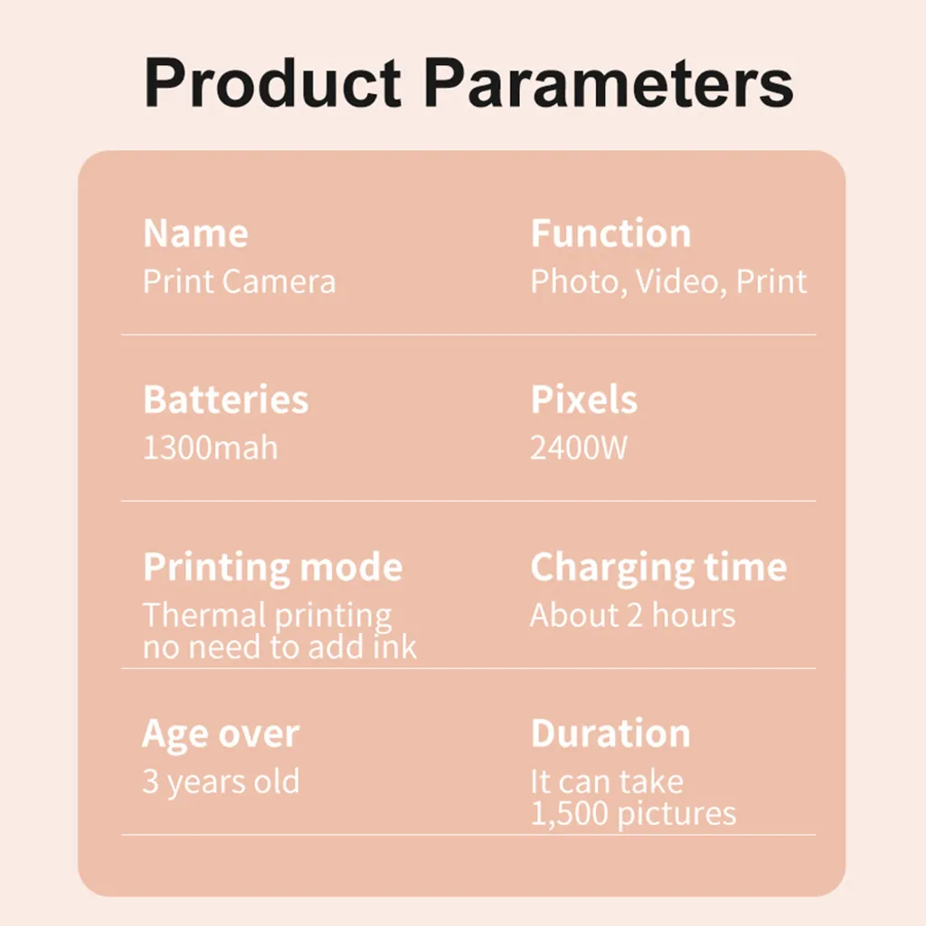 Tabelle mit Produktdesigner-Parametern für eine Fotokamera, einschließlich Akku, Druckmodus und Pixelspezifikationen.