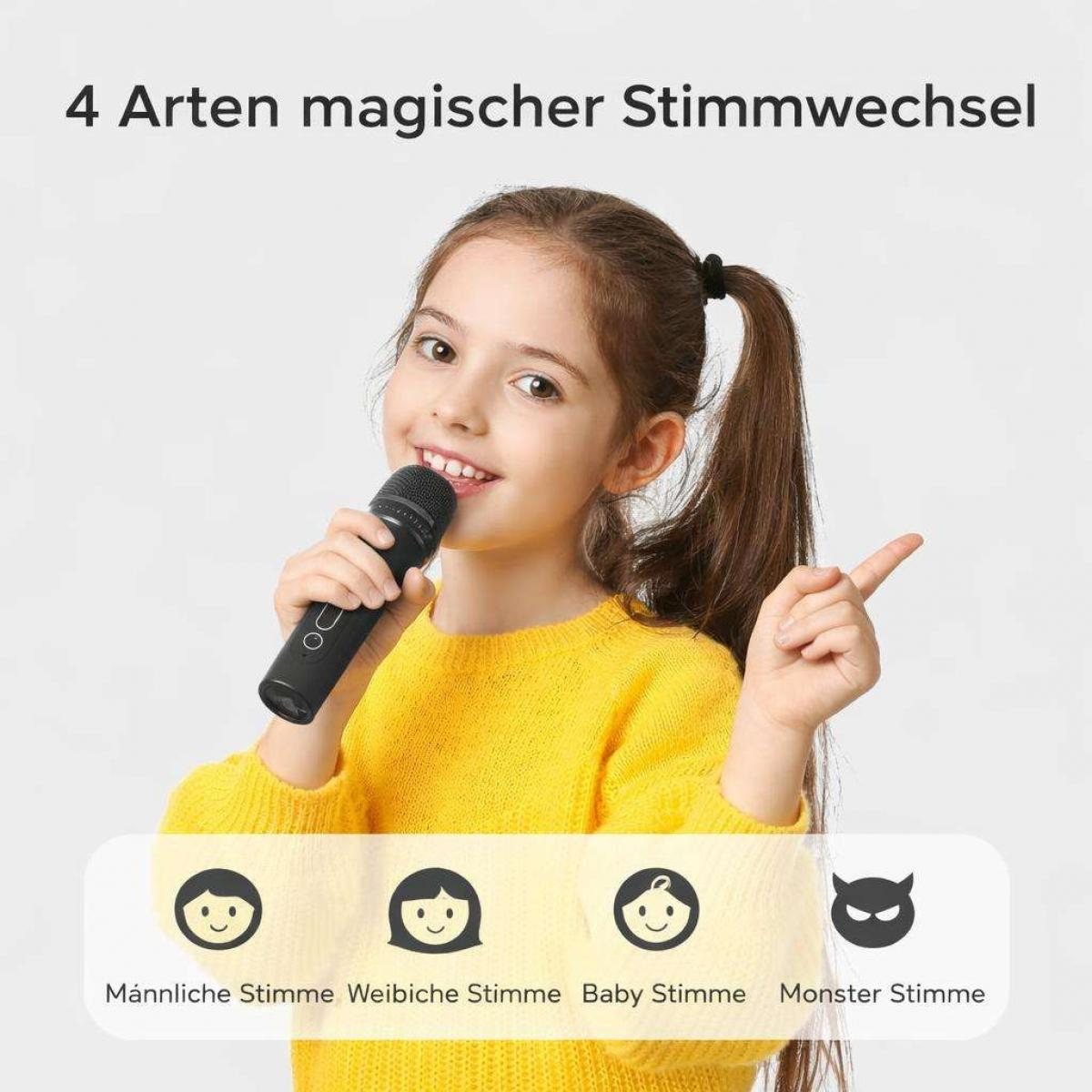 Ein Mädchen mit gelbem Pullover singt in ein Mikrofon; Grafiken zeigen vier Stimmoptionen.