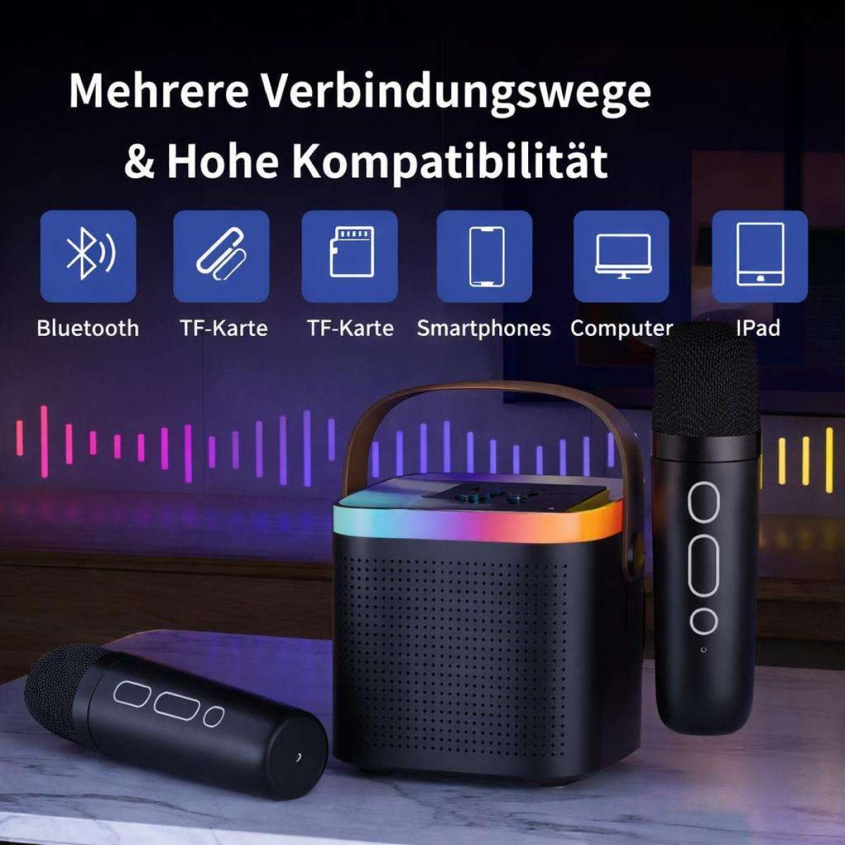 Ein schwarzer tragbarer Lautsprecher mit zwei Mikrofonen und Icons für Bluetooth und Geräte.