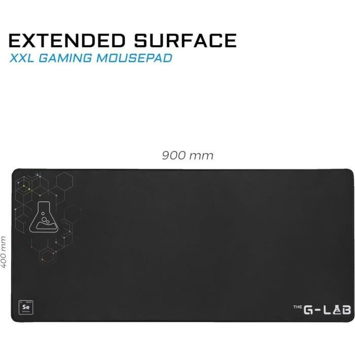 Ein großes, schwarzes XXL-Gaming-Mauspad mit Labor-Grafik, 900x400 mm groß.