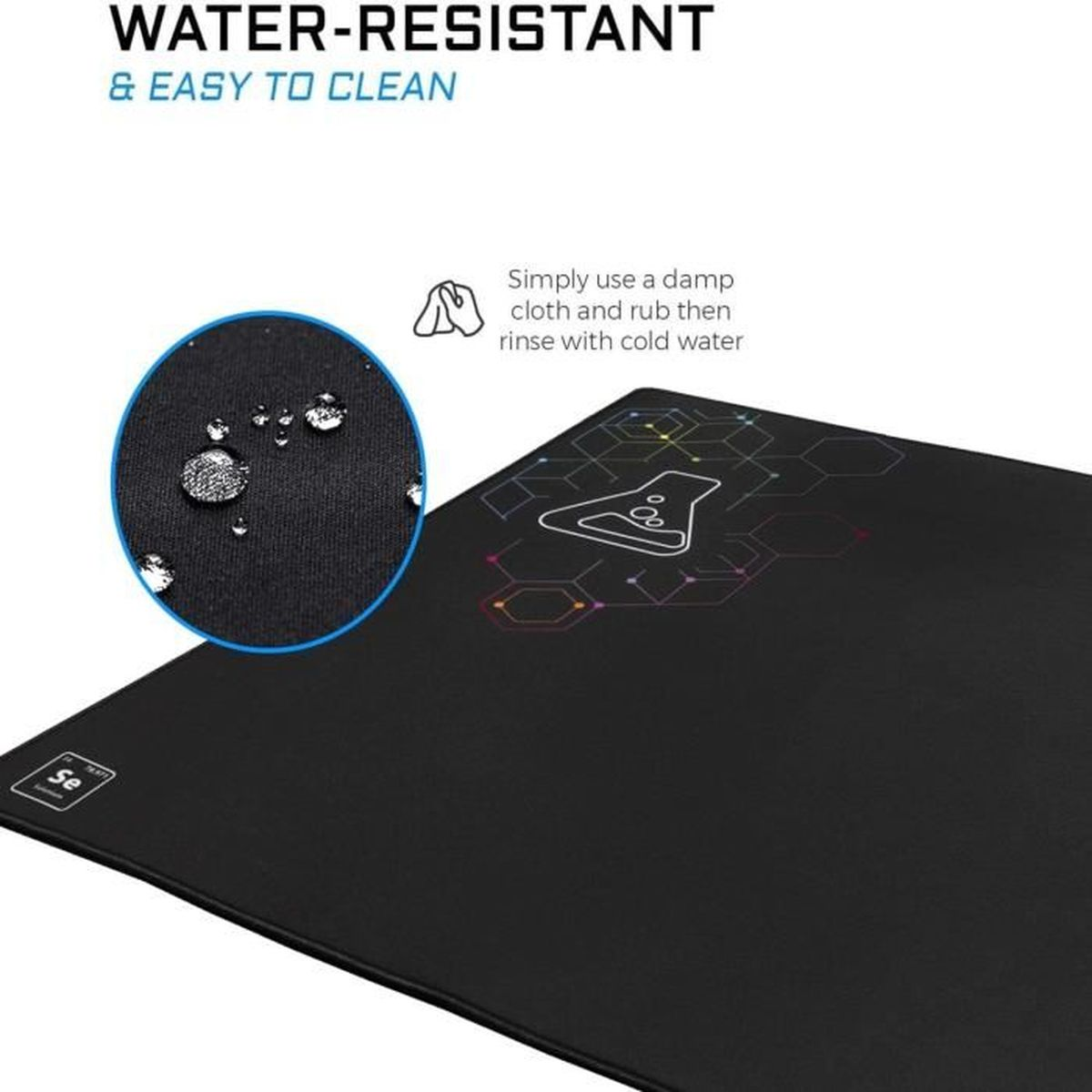 Wasserdichte und leicht zu reinigende schwarze Unterlage mit Wassertropfen und wissenschaftlichem Muster.