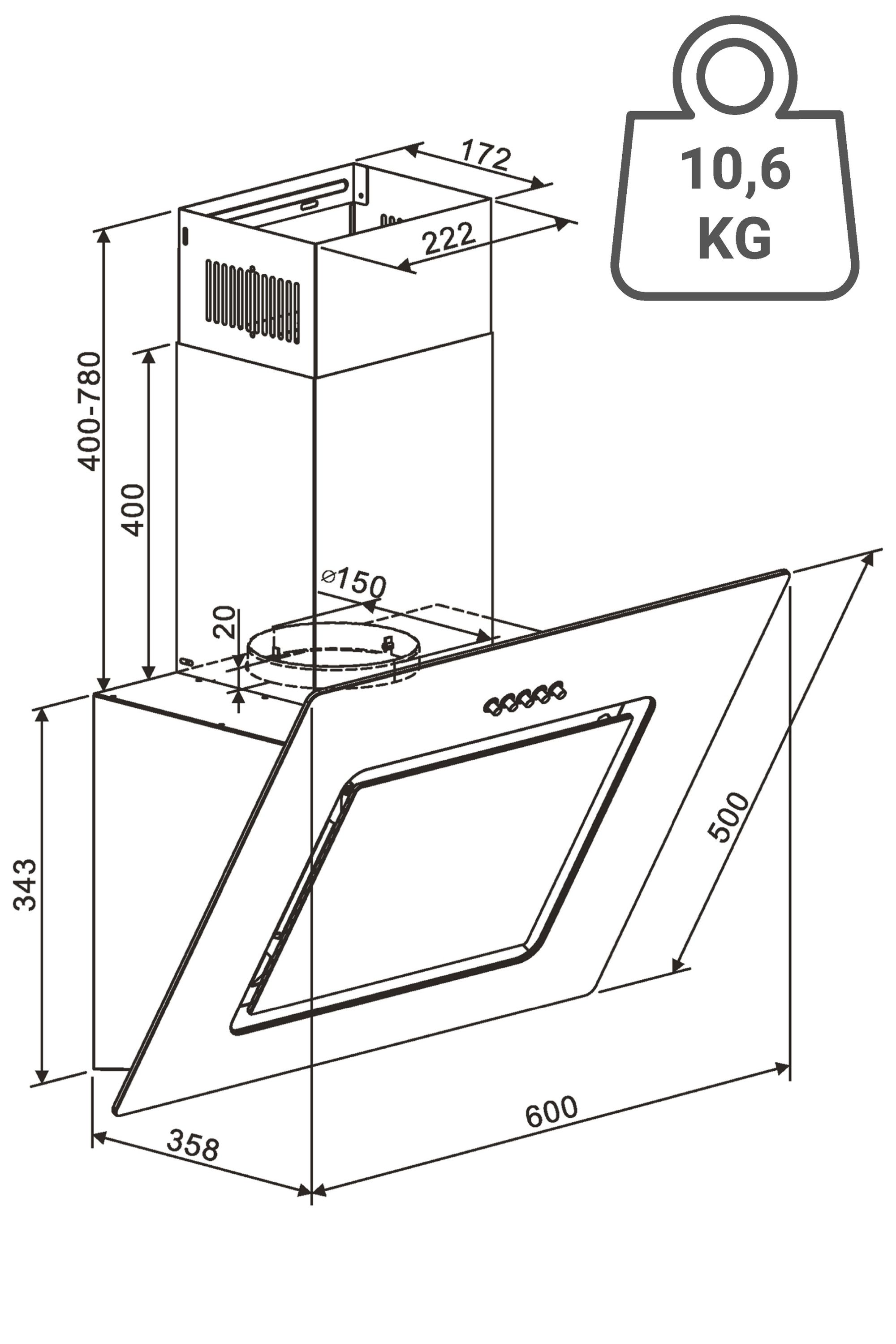 Technische Zeichnung einer Dunstabzugshaube mit Maßangaben in Millimetern und einer Gewichtsangabe von 10,6 kg.