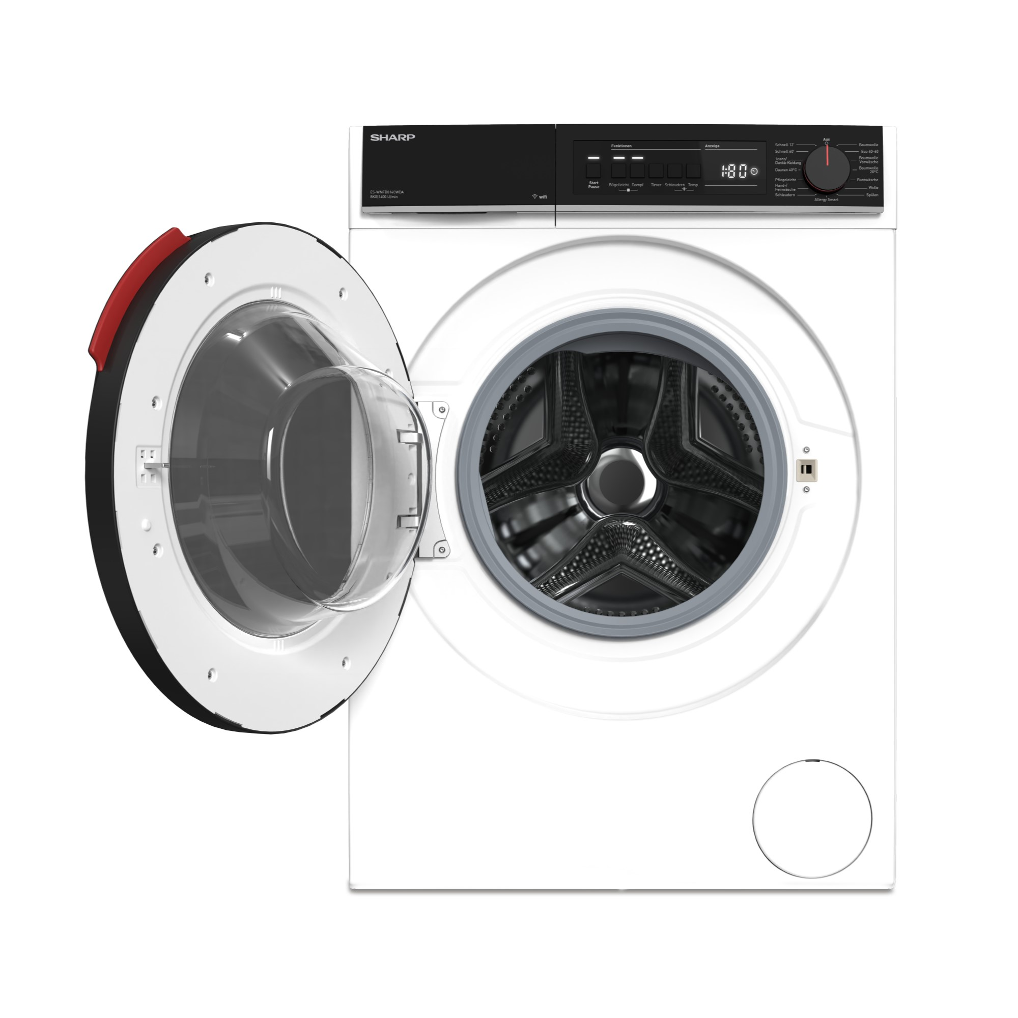 Lavatrice Sharp bianca con oblò aperto, pannello di controllo nero e display digitale.