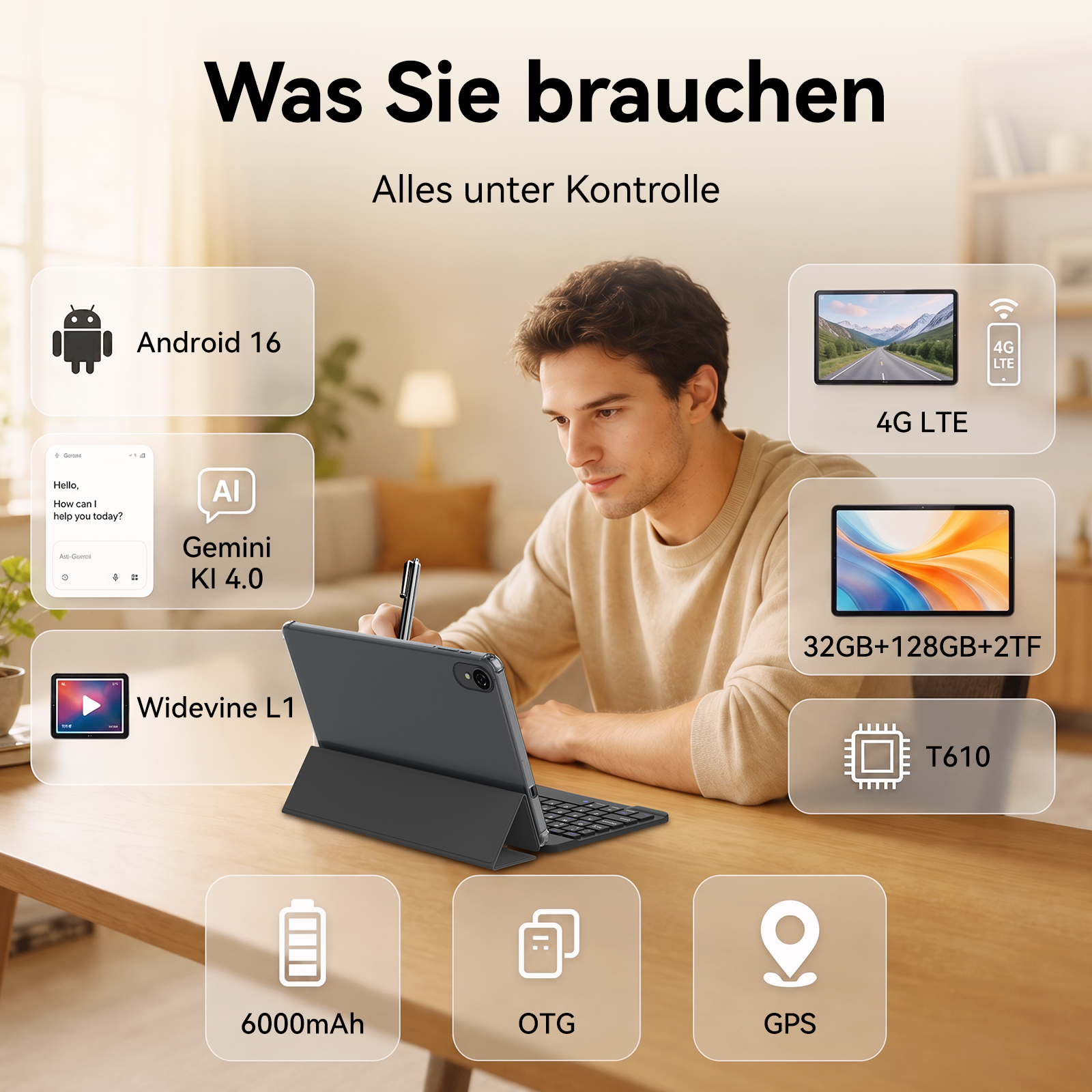 Ein Mann nutzt ein Tablet am Schreibtisch, umgeben von Icons mit Features wie Android 16, 4G LTE und 6000mAh Akku.